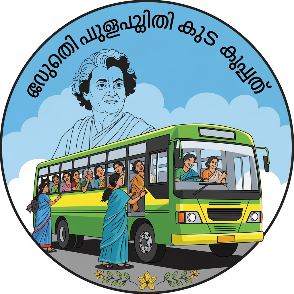 AI Design for make a logo that women can travel on bus freely in malayam . this also should include womens , indira gandhi , bus etc