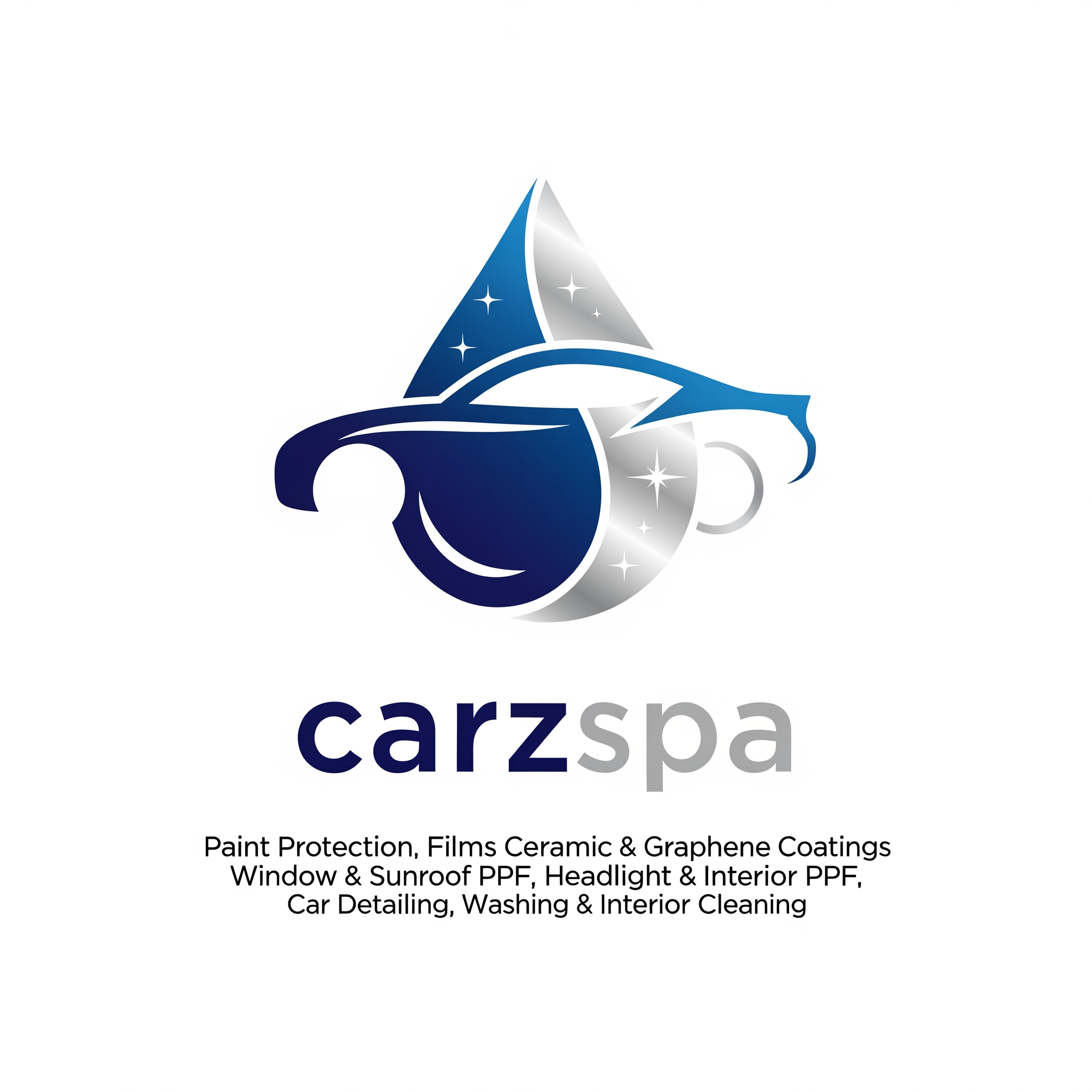 AI Design for i want to design a logo for brand called "carzspa" the brand serviced - Paint Protection, Films Ceramic & Graphene Coatings, Window & Sunroof PPF, Headlight & Interior PPF, Car Detailing, Washing & Interior Cleaning.