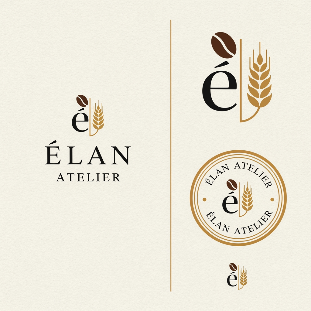 AI Design for Design a premium, minimalist luxury logo for a café and artisanal bakery named "ÉLAN Atelier". The logo should embody elegance, sophistication, and timeless European craftsmanship. Create a refined monogram using the letter "É" combined subtly with a coffee bean and wheat stalk motif. Use clean geometric lines, balanced proportions, and a high-end editorial aesthetic. The typography should resemble luxury serif fonts like Canela or Cormorant Garamond, with generous spacing and a modern luxury feel. The color palette should feature Ivory (#F8F5F1), Espresso Brown (#3A2B24), Charcoal Black (#222222), and Champagne Gold (#C7A66B). The design should be flat, vector-style, highly scalable, and suitable for storefront signage, coffee cups, pastry boxes, shopping bags, menus, business cards, and social media branding. Present the logo on a clean ivory background with subtle paper texture, including one primary logo, one monogram, one circular stamp version, and one icon-only version. Avoid gradients, 3D effects, shadows, mockups, or clutter. The result should look like branding created by a world-class luxury design agency such as Pentagram, Collins, or Studio Dumbar.