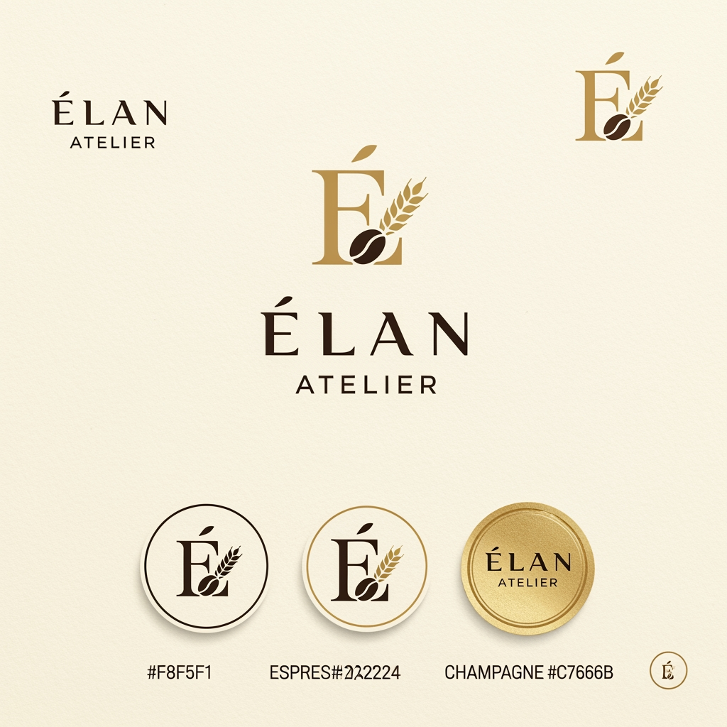 AI Design for Design a premium, minimalist luxury logo for a café and artisanal bakery named "ÉLAN Atelier". The logo should embody elegance, sophistication, and timeless European craftsmanship. Create a refined monogram using the letter "É" combined subtly with a coffee bean and wheat stalk motif. Use clean geometric lines, balanced proportions, and a high-end editorial aesthetic. The typography should resemble luxury serif fonts like Canela or Cormorant Garamond, with generous spacing and a modern luxury feel. The color palette should feature Ivory (#F8F5F1), Espresso Brown (#3A2B24), Charcoal Black (#222222), and Champagne Gold (#C7A66B). The design should be flat, vector-style, highly scalable, and suitable for storefront signage, coffee cups, pastry boxes, shopping bags, menus, business cards, and social media branding. Present the logo on a clean ivory background with subtle paper texture, including one primary logo, one monogram, one circular stamp version, and one icon-only version. Avoid gradients, 3D effects, shadows, mockups, or clutter. The result should look like branding created by a world-class luxury design agency such as Pentagram, Collins, or Studio Dumbar.