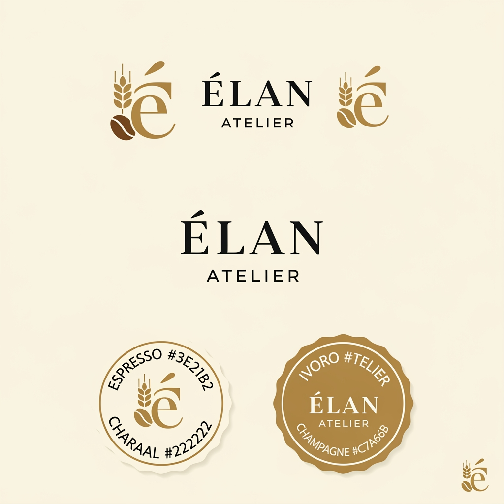 AI Design for Design a premium, minimalist luxury logo for a café and artisanal bakery named "ÉLAN Atelier". The logo should embody elegance, sophistication, and timeless European craftsmanship. Create a refined monogram using the letter "É" combined subtly with a coffee bean and wheat stalk motif. Use clean geometric lines, balanced proportions, and a high-end editorial aesthetic. The typography should resemble luxury serif fonts like Canela or Cormorant Garamond, with generous spacing and a modern luxury feel. The color palette should feature Ivory (#F8F5F1), Espresso Brown (#3A2B24), Charcoal Black (#222222), and Champagne Gold (#C7A66B). The design should be flat, vector-style, highly scalable, and suitable for storefront signage, coffee cups, pastry boxes, shopping bags, menus, business cards, and social media branding. Present the logo on a clean ivory background with subtle paper texture, including one primary logo, one monogram, one circular stamp version, and one icon-only version. Avoid gradients, 3D effects, shadows, mockups, or clutter. The result should look like branding created by a world-class luxury design agency such as Pentagram, Collins, or Studio Dumbar.