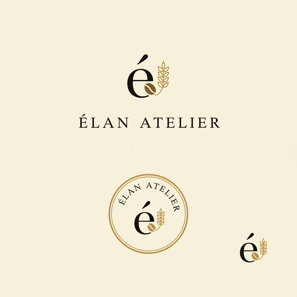 AI Design for Design a premium, minimalist luxury logo for a café and artisanal bakery named "ÉLAN Atelier". The logo should embody elegance, sophistication, and timeless European craftsmanship. Create a refined monogram using the letter "É" combined subtly with a coffee bean and wheat stalk motif. Use clean geometric lines, balanced proportions, and a high-end editorial aesthetic. The typography should resemble luxury serif fonts like Canela or Cormorant Garamond, with generous spacing and a modern luxury feel. The color palette should feature Ivory (#F8F5F1), Espresso Brown (#3A2B24), Charcoal Black (#222222), and Champagne Gold (#C7A66B). The design should be flat, vector-style, highly scalable, and suitable for storefront signage, coffee cups, pastry boxes, shopping bags, menus, business cards, and social media branding. Present the logo on a clean ivory background with subtle paper texture, including one primary logo, one monogram, one circular stamp version, and one icon-only version. Avoid gradients, 3D effects, shadows, mockups, or clutter. The result should look like branding created by a world-class luxury design agency such as Pentagram, Collins, or Studio Dumbar.
