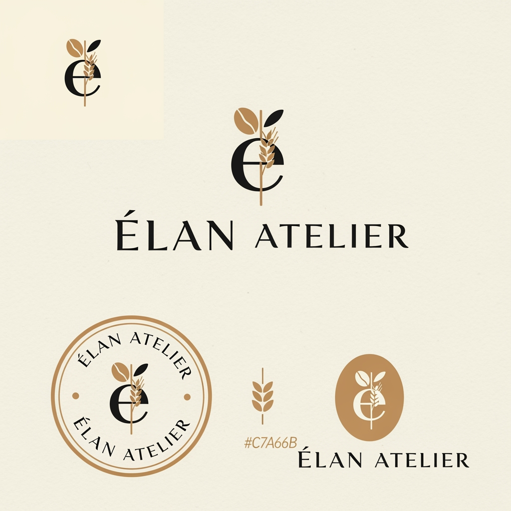 AI Design for Design a premium, minimalist luxury logo for a café and artisanal bakery named "ÉLAN Atelier". The logo should embody elegance, sophistication, and timeless European craftsmanship. Create a refined monogram using the letter "É" combined subtly with a coffee bean and wheat stalk motif. Use clean geometric lines, balanced proportions, and a high-end editorial aesthetic. The typography should resemble luxury serif fonts like Canela or Cormorant Garamond, with generous spacing and a modern luxury feel. The color palette should feature Ivory (#F8F5F1), Espresso Brown (#3A2B24), Charcoal Black (#222222), and Champagne Gold (#C7A66B). The design should be flat, vector-style, highly scalable, and suitable for storefront signage, coffee cups, pastry boxes, shopping bags, menus, business cards, and social media branding. Present the logo on a clean ivory background with subtle paper texture, including one primary logo, one monogram, one circular stamp version, and one icon-only version. Avoid gradients, 3D effects, shadows, mockups, or clutter. The result should look like branding created by a world-class luxury design agency such as Pentagram, Collins, or Studio Dumbar.