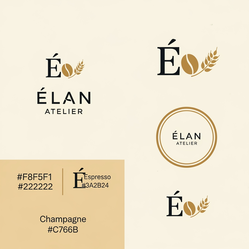 AI Design for Design a premium, minimalist luxury logo for a café and artisanal bakery named "ÉLAN Atelier". The logo should embody elegance, sophistication, and timeless European craftsmanship. Create a refined monogram using the letter "É" combined subtly with a coffee bean and wheat stalk motif. Use clean geometric lines, balanced proportions, and a high-end editorial aesthetic. The typography should resemble luxury serif fonts like Canela or Cormorant Garamond, with generous spacing and a modern luxury feel. The color palette should feature Ivory (#F8F5F1), Espresso Brown (#3A2B24), Charcoal Black (#222222), and Champagne Gold (#C7A66B). The design should be flat, vector-style, highly scalable, and suitable for storefront signage, coffee cups, pastry boxes, shopping bags, menus, business cards, and social media branding. Present the logo on a clean ivory background with subtle paper texture, including one primary logo, one monogram, one circular stamp version, and one icon-only version. Avoid gradients, 3D effects, shadows, mockups, or clutter. The result should look like branding created by a world-class luxury design agency such as Pentagram, Collins, or Studio Dumbar.