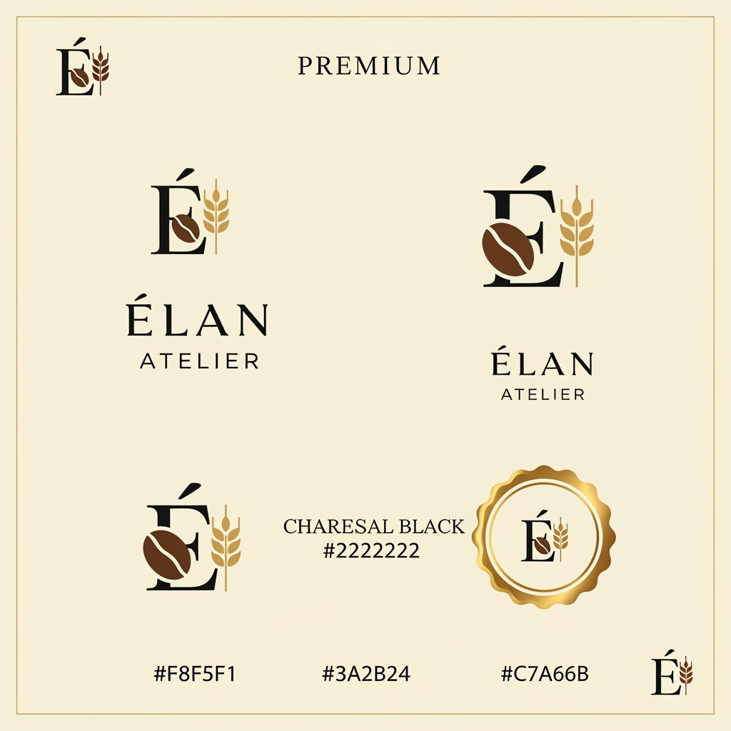 AI Design for Design a premium, minimalist luxury logo for a café and artisanal bakery named "ÉLAN Atelier". The logo should embody elegance, sophistication, and timeless European craftsmanship. Create a refined monogram using the letter "É" combined subtly with a coffee bean and wheat stalk motif. Use clean geometric lines, balanced proportions, and a high-end editorial aesthetic. The typography should resemble luxury serif fonts like Canela or Cormorant Garamond, with generous spacing and a modern luxury feel. The color palette should feature Ivory (#F8F5F1), Espresso Brown (#3A2B24), Charcoal Black (#222222), and Champagne Gold (#C7A66B). The design should be flat, vector-style, highly scalable, and suitable for storefront signage, coffee cups, pastry boxes, shopping bags, menus, business cards, and social media branding. Present the logo on a clean ivory background with subtle paper texture, including one primary logo, one monogram, one circular stamp version, and one icon-only version. Avoid gradients, 3D effects, shadows, mockups, or clutter. The result should look like branding created by a world-class luxury design agency such as Pentagram, Collins, or Studio Dumbar.