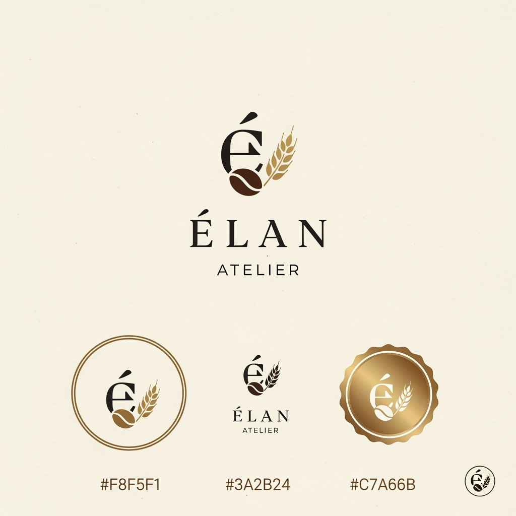 AI Design for Design a premium, minimalist luxury logo for a café and artisanal bakery named "ÉLAN Atelier". The logo should embody elegance, sophistication, and timeless European craftsmanship. Create a refined monogram using the letter "É" combined subtly with a coffee bean and wheat stalk motif. Use clean geometric lines, balanced proportions, and a high-end editorial aesthetic. The typography should resemble luxury serif fonts like Canela or Cormorant Garamond, with generous spacing and a modern luxury feel. The color palette should feature Ivory (#F8F5F1), Espresso Brown (#3A2B24), Charcoal Black (#222222), and Champagne Gold (#C7A66B). The design should be flat, vector-style, highly scalable, and suitable for storefront signage, coffee cups, pastry boxes, shopping bags, menus, business cards, and social media branding. Present the logo on a clean ivory background with subtle paper texture, including one primary logo, one monogram, one circular stamp version, and one icon-only version. Avoid gradients, 3D effects, shadows, mockups, or clutter. The result should look like branding created by a world-class luxury design agency such as Pentagram, Collins, or Studio Dumbar.