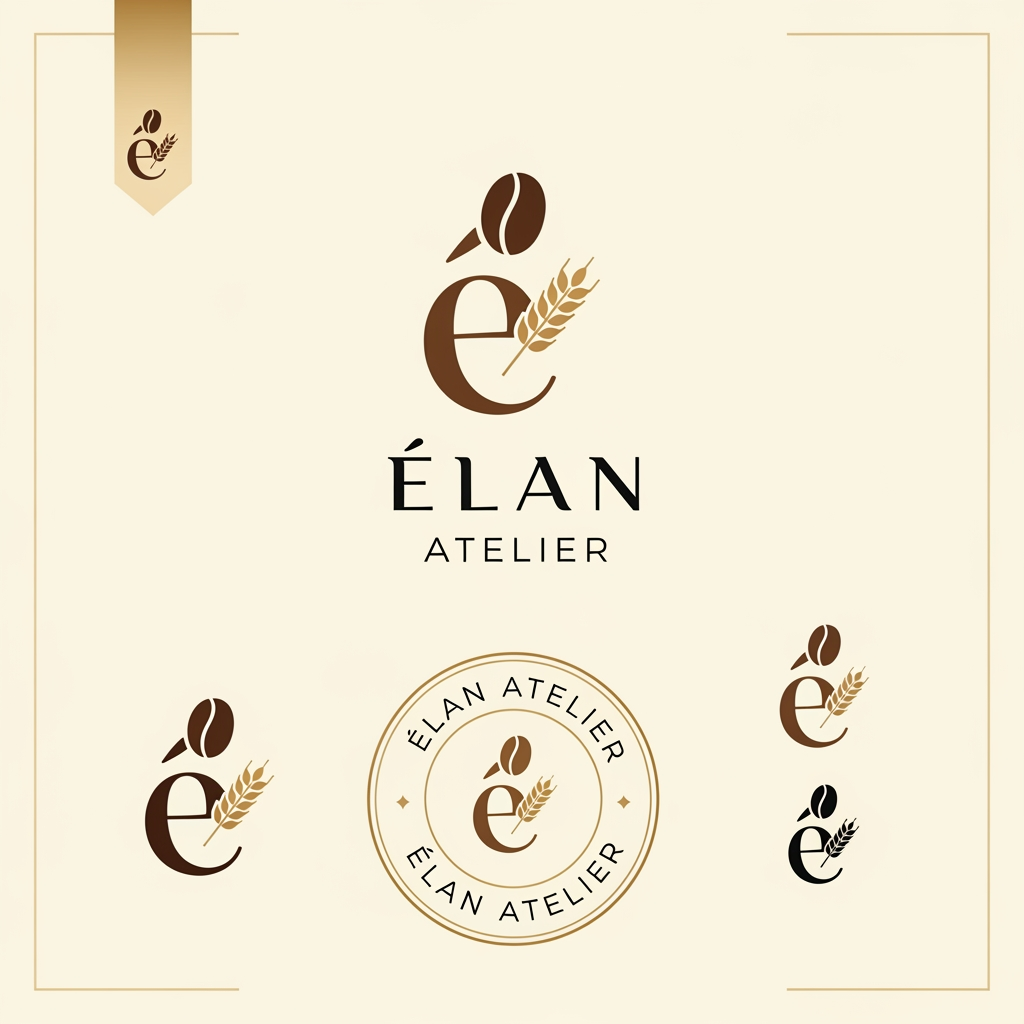 AI Design for Design a premium, minimalist luxury logo for a café and artisanal bakery named "ÉLAN Atelier". The logo should embody elegance, sophistication, and timeless European craftsmanship. Create a refined monogram using the letter "É" combined subtly with a coffee bean and wheat stalk motif. Use clean geometric lines, balanced proportions, and a high-end editorial aesthetic. The typography should resemble luxury serif fonts like Canela or Cormorant Garamond, with generous spacing and a modern luxury feel. The color palette should feature Ivory (#F8F5F1), Espresso Brown (#3A2B24), Charcoal Black (#222222), and Champagne Gold (#C7A66B). The design should be flat, vector-style, highly scalable, and suitable for storefront signage, coffee cups, pastry boxes, shopping bags, menus, business cards, and social media branding. Present the logo on a clean ivory background with subtle paper texture, including one primary logo, one monogram, one circular stamp version, and one icon-only version. Avoid gradients, 3D effects, shadows, mockups, or clutter. The result should look like branding created by a world-class luxury design agency such as Pentagram, Collins, or Studio Dumbar.