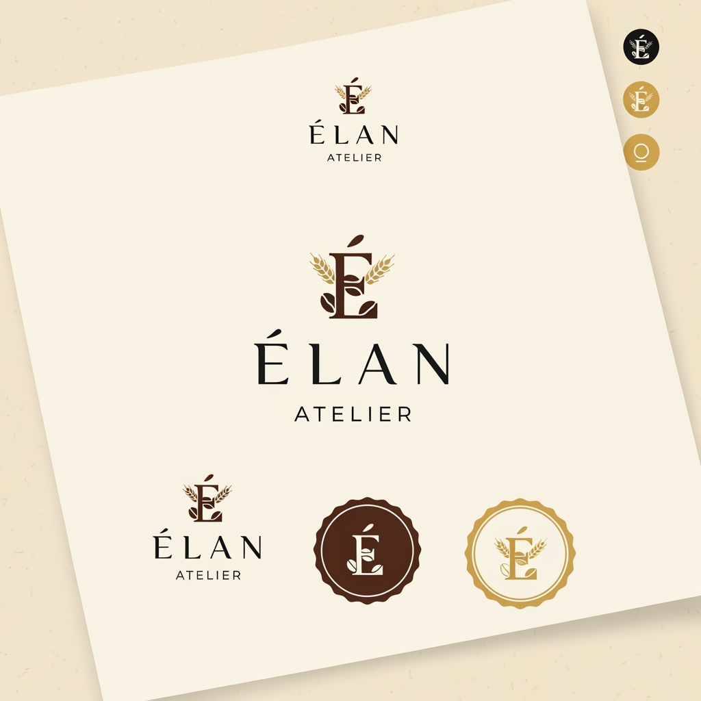 AI Design for Design a premium, minimalist luxury logo for a café and artisanal bakery named "ÉLAN Atelier". The logo should embody elegance, sophistication, and timeless European craftsmanship. Create a refined monogram using the letter "É" combined subtly with a coffee bean and wheat stalk motif. Use clean geometric lines, balanced proportions, and a high-end editorial aesthetic. The typography should resemble luxury serif fonts like Canela or Cormorant Garamond, with generous spacing and a modern luxury feel. The color palette should feature Ivory (#F8F5F1), Espresso Brown (#3A2B24), Charcoal Black (#222222), and Champagne Gold (#C7A66B). The design should be flat, vector-style, highly scalable, and suitable for storefront signage, coffee cups, pastry boxes, shopping bags, menus, business cards, and social media branding. Present the logo on a clean ivory background with subtle paper texture, including one primary logo, one monogram, one circular stamp version, and one icon-only version. Avoid gradients, 3D effects, shadows, mockups, or clutter. The result should look like branding created by a world-class luxury design agency such as Pentagram, Collins, or Studio Dumbar.