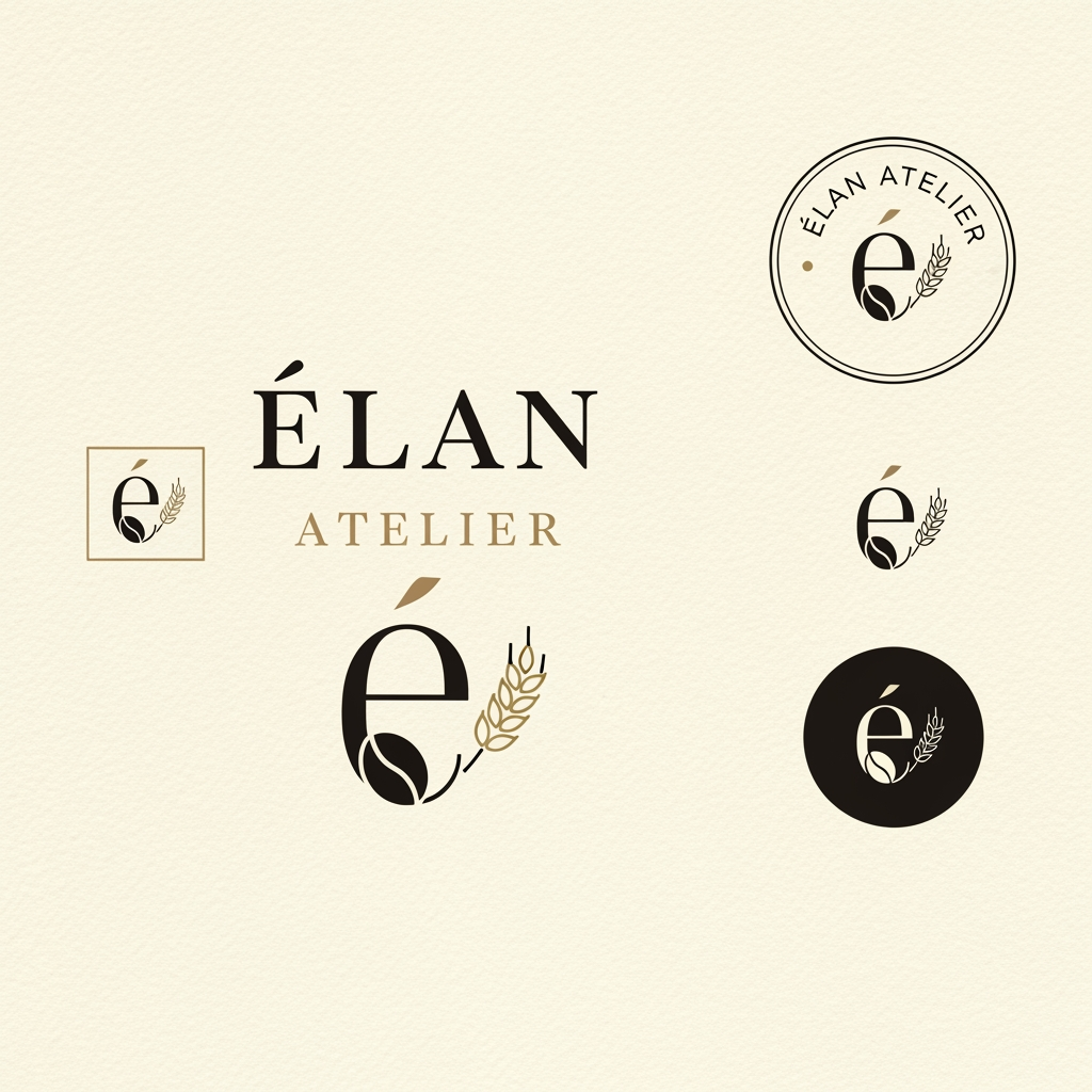 AI Design for Design a premium, minimalist luxury logo for a café and artisanal bakery named "ÉLAN Atelier". The logo should embody elegance, sophistication, and timeless European craftsmanship. Create a refined monogram using the letter "É" combined subtly with a coffee bean and wheat stalk motif. Use clean geometric lines, balanced proportions, and a high-end editorial aesthetic. The typography should resemble luxury serif fonts like Canela or Cormorant Garamond, with generous spacing and a modern luxury feel. The color palette should feature Ivory (#F8F5F1), Espresso Brown (#3A2B24), Charcoal Black (#222222), and Champagne Gold (#C7A66B). The design should be flat, vector-style, highly scalable, and suitable for storefront signage, coffee cups, pastry boxes, shopping bags, menus, business cards, and social media branding. Present the logo on a clean ivory background with subtle paper texture, including one primary logo, one monogram, one circular stamp version, and one icon-only version. Avoid gradients, 3D effects, shadows, mockups, or clutter. The result should look like branding created by a world-class luxury design agency such as Pentagram, Collins, or Studio Dumbar.