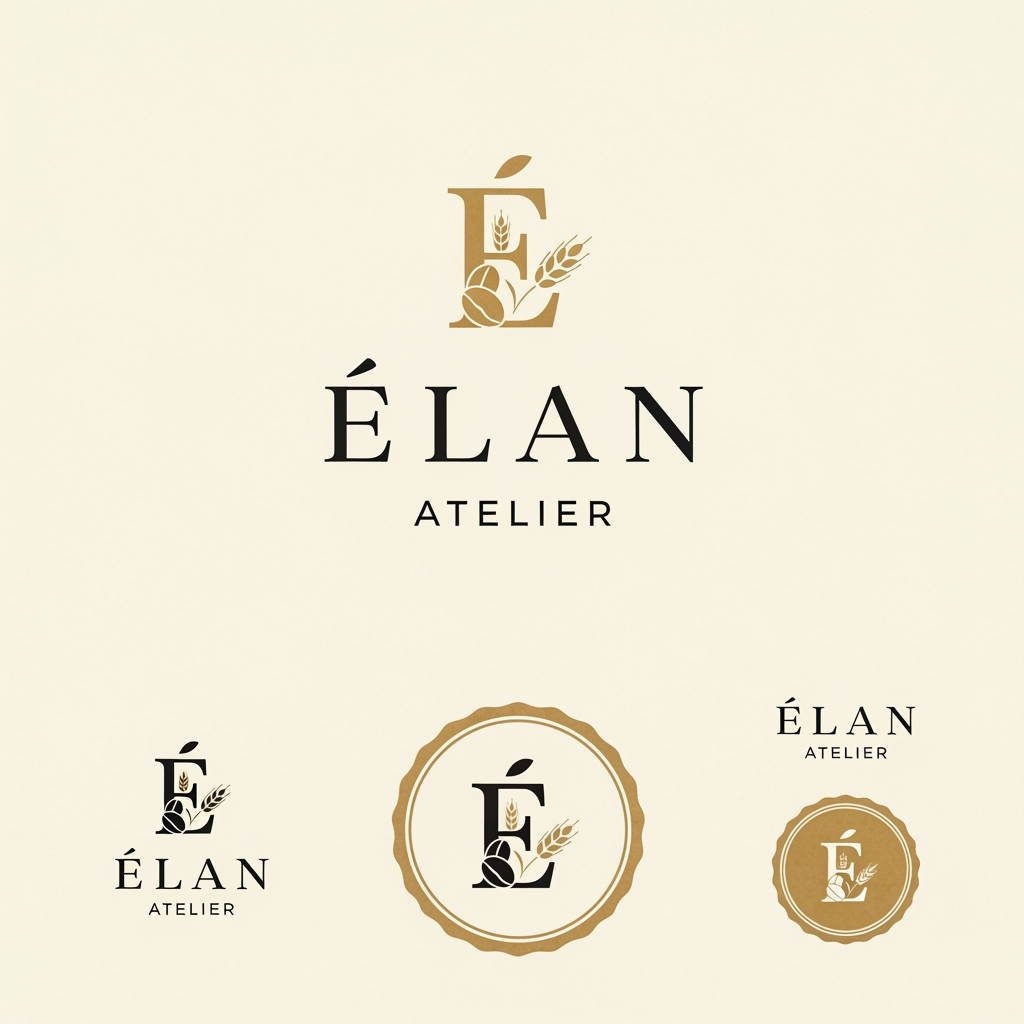 AI Design for Design a premium, minimalist luxury logo for a café and artisanal bakery named "ÉLAN Atelier". The logo should embody elegance, sophistication, and timeless European craftsmanship. Create a refined monogram using the letter "É" combined subtly with a coffee bean and wheat stalk motif. Use clean geometric lines, balanced proportions, and a high-end editorial aesthetic. The typography should resemble luxury serif fonts like Canela or Cormorant Garamond, with generous spacing and a modern luxury feel. The color palette should feature Ivory (#F8F5F1), Espresso Brown (#3A2B24), Charcoal Black (#222222), and Champagne Gold (#C7A66B). The design should be flat, vector-style, highly scalable, and suitable for storefront signage, coffee cups, pastry boxes, shopping bags, menus, business cards, and social media branding. Present the logo on a clean ivory background with subtle paper texture, including one primary logo, one monogram, one circular stamp version, and one icon-only version. Avoid gradients, 3D effects, shadows, mockups, or clutter. The result should look like branding created by a world-class luxury design agency such as Pentagram, Collins, or Studio Dumbar.
