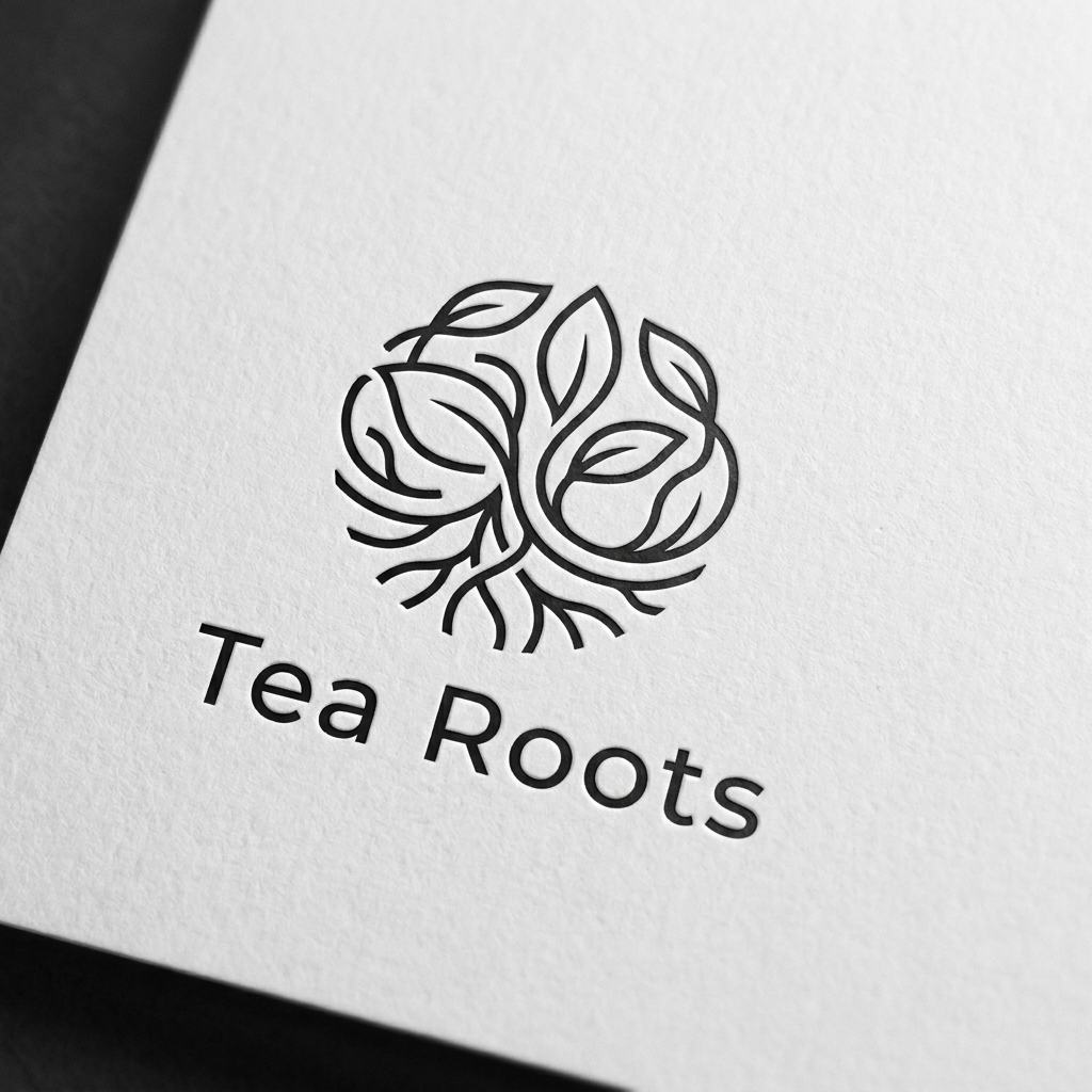AI Design for A clean, modern, and premium minimalist logo for a cafe named 'Tea Roots'. The design features elegant, fluid line work representing intertwining tea leaves and roots, using a sophisticated color palette of black and white. The aesthetic is high-end, uncluttered, and professional, presented on a clean white background with subtle depth and texture.