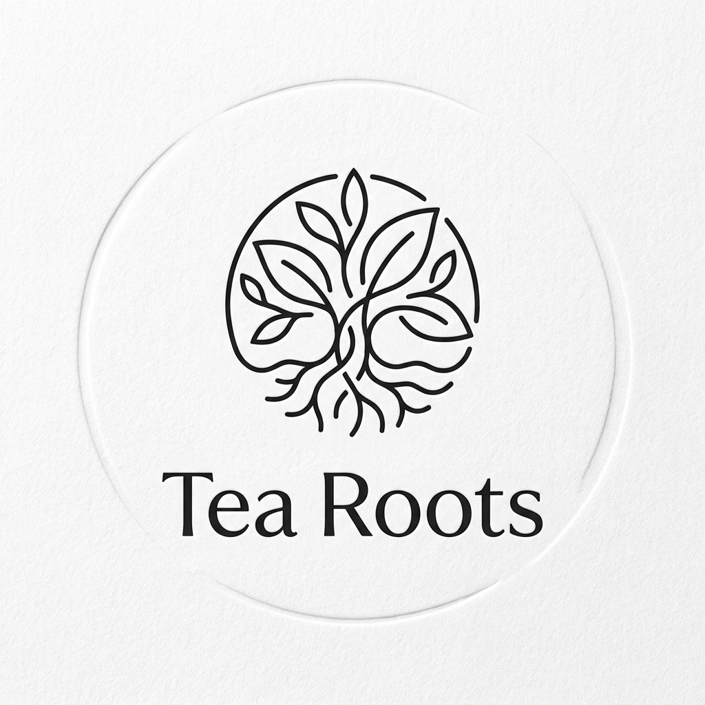 AI Design for A clean, modern, and premium minimalist logo for a cafe named 'Tea Roots'. The design features elegant, fluid line work representing intertwining tea leaves and roots, using a sophisticated color palette of black and white. The aesthetic is high-end, uncluttered, and professional, presented on a clean white background with subtle depth and texture.