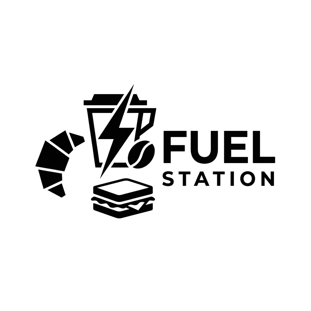 AI Design for A minimalist, premium logo design for a modern cafe named FUEL STATION. The aesthetic features clean, bold typography with a sharp, geometric icon representing energy or coffee, rendered in a sophisticated monochrome black and white color palette. High-contrast, vector style, flat design on a clean white background, capturing a trendy Gen Z minimalist vibe.
looks better but can add some food