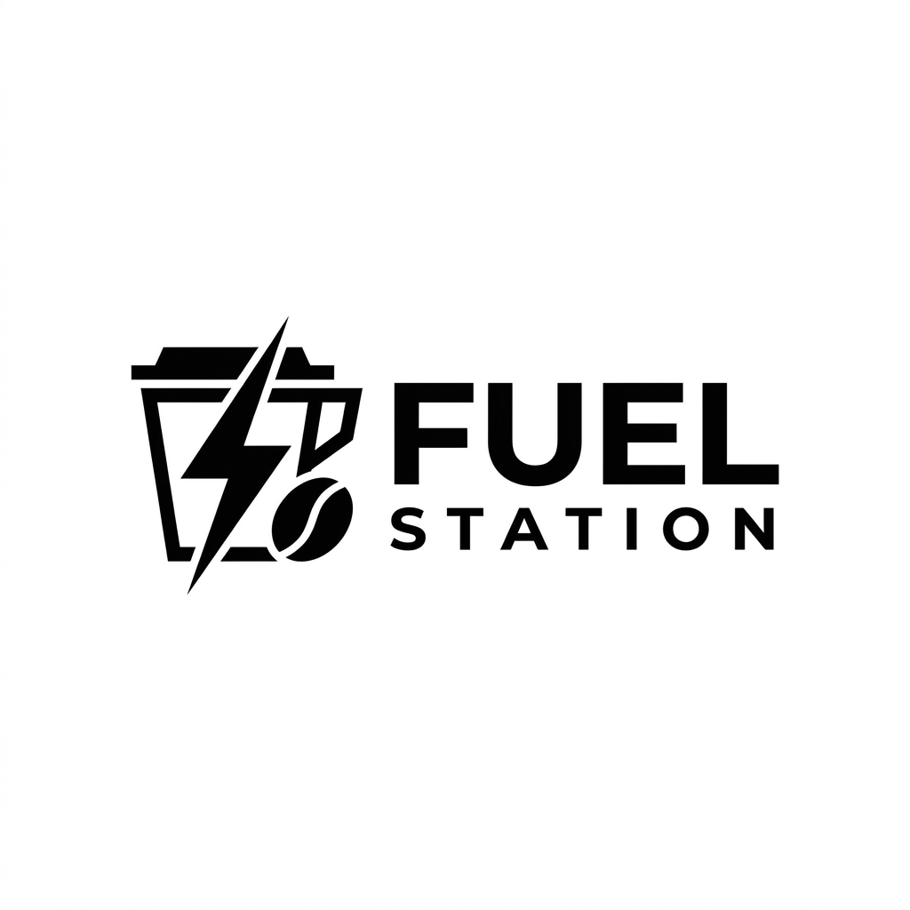AI Design for A minimalist, premium logo design for a modern cafe named FUEL STATION. The aesthetic features clean, bold typography with a sharp, geometric icon representing energy or coffee, rendered in a sophisticated monochrome black and white color palette. High-contrast, vector style, flat design on a clean white background, capturing a trendy Gen Z minimalist vibe.