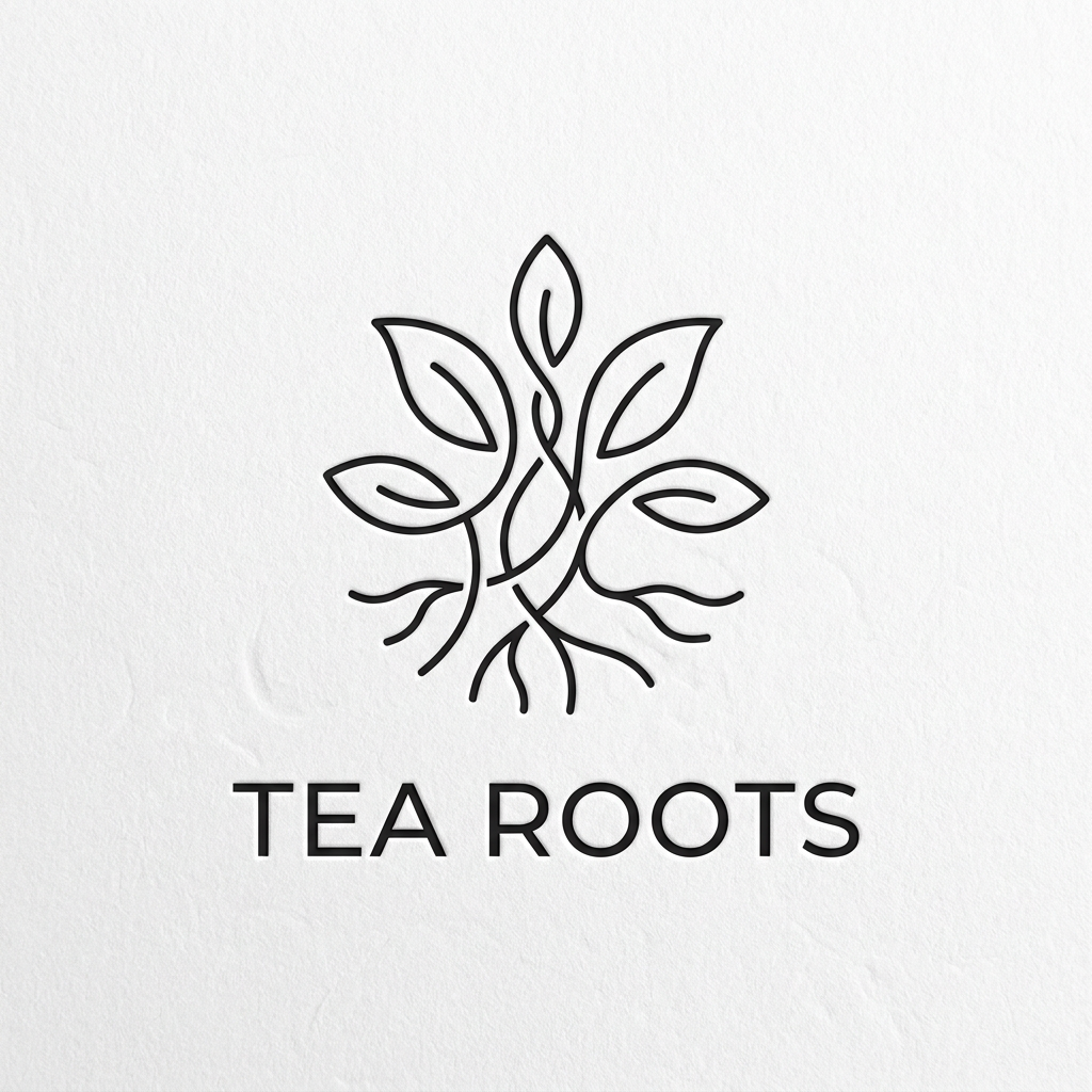 AI Design for A clean, modern, and premium minimalist logo for a cafe named 'Tea Roots'. The design features elegant, fluid line work representing intertwining tea leaves and roots, using a sophisticated color palette of black and white. The aesthetic is high-end, uncluttered, and professional, presented on a clean white background with subtle depth and texture.
