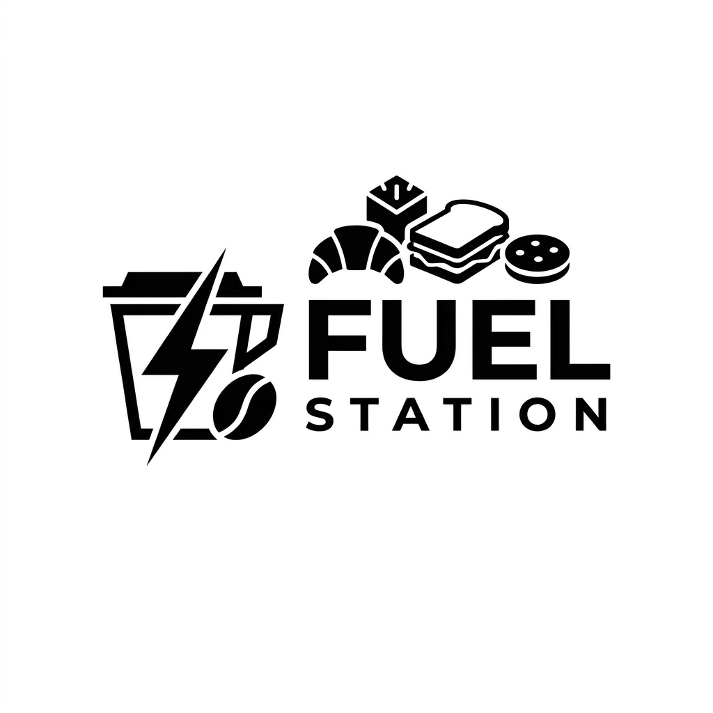 AI Design for A minimalist, premium logo design for a modern cafe named FUEL STATION. The aesthetic features clean, bold typography with a sharp, geometric icon representing energy or coffee, rendered in a sophisticated monochrome black and white color palette. High-contrast, vector style, flat design on a clean white background, capturing a trendy Gen Z minimalist vibe.
looks better but can add some food