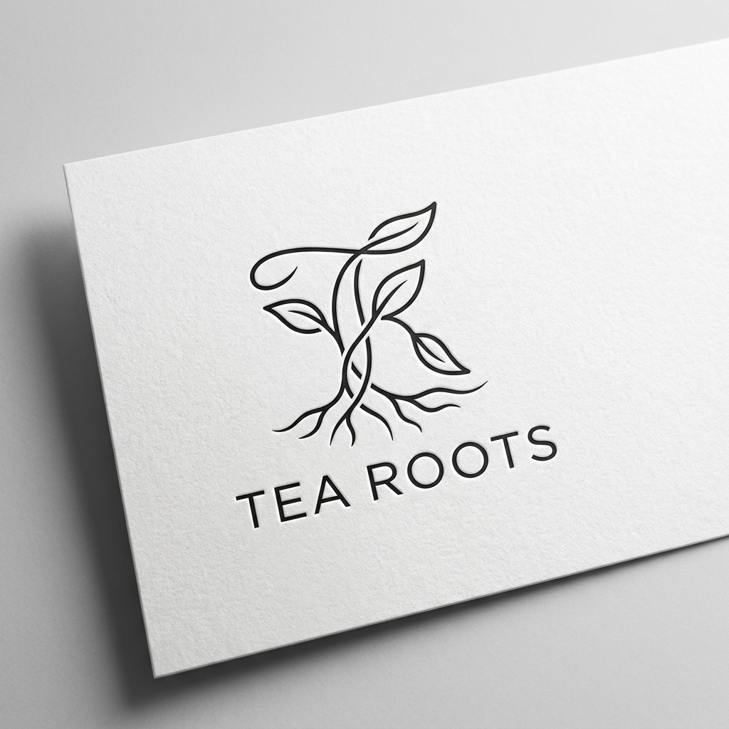 AI Design for A clean, modern, and premium minimalist logo for a cafe named 'Tea Roots'. The design features elegant, fluid line work representing intertwining tea and tree elements roots, using a sophisticated color palette of black and white. The aesthetic is high-end, uncluttered, and professional, presented on a clean white background with subtle depth and texture.