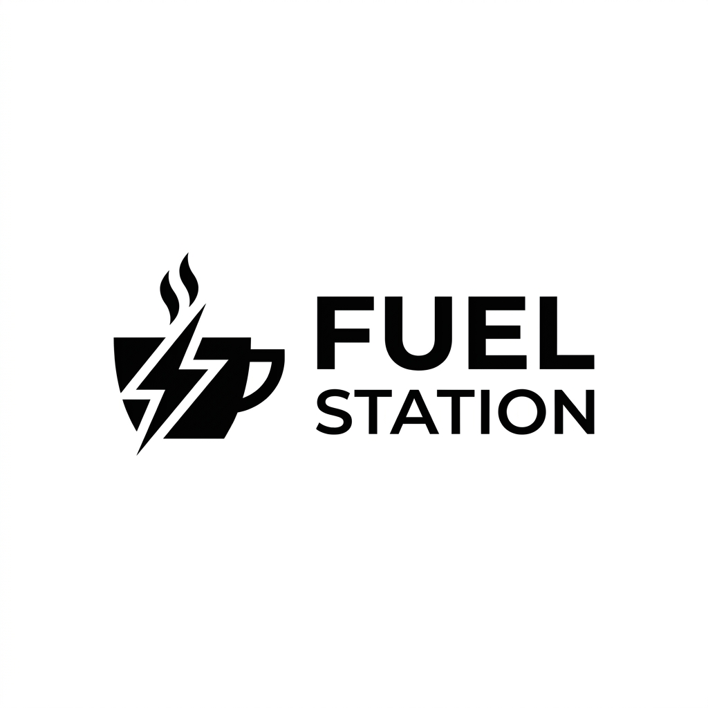 AI Design for A minimalist, premium logo design for a modern cafe named FUEL STATION. The aesthetic features clean, bold typography with a sharp, geometric icon representing energy or coffee, rendered in a sophisticated monochrome black and white color palette. High-contrast, vector style, flat design on a clean white background, capturing a trendy Gen Z minimalist vibe.