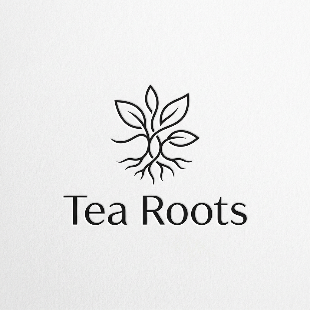 AI Design for A clean, modern, and premium minimalist logo for a cafe named 'Tea Roots'. The design features elegant, fluid line work representing intertwining tea leaves and roots, using a sophisticated color palette of black and white. The aesthetic is high-end, uncluttered, and professional, presented on a clean white background with subtle depth and texture.