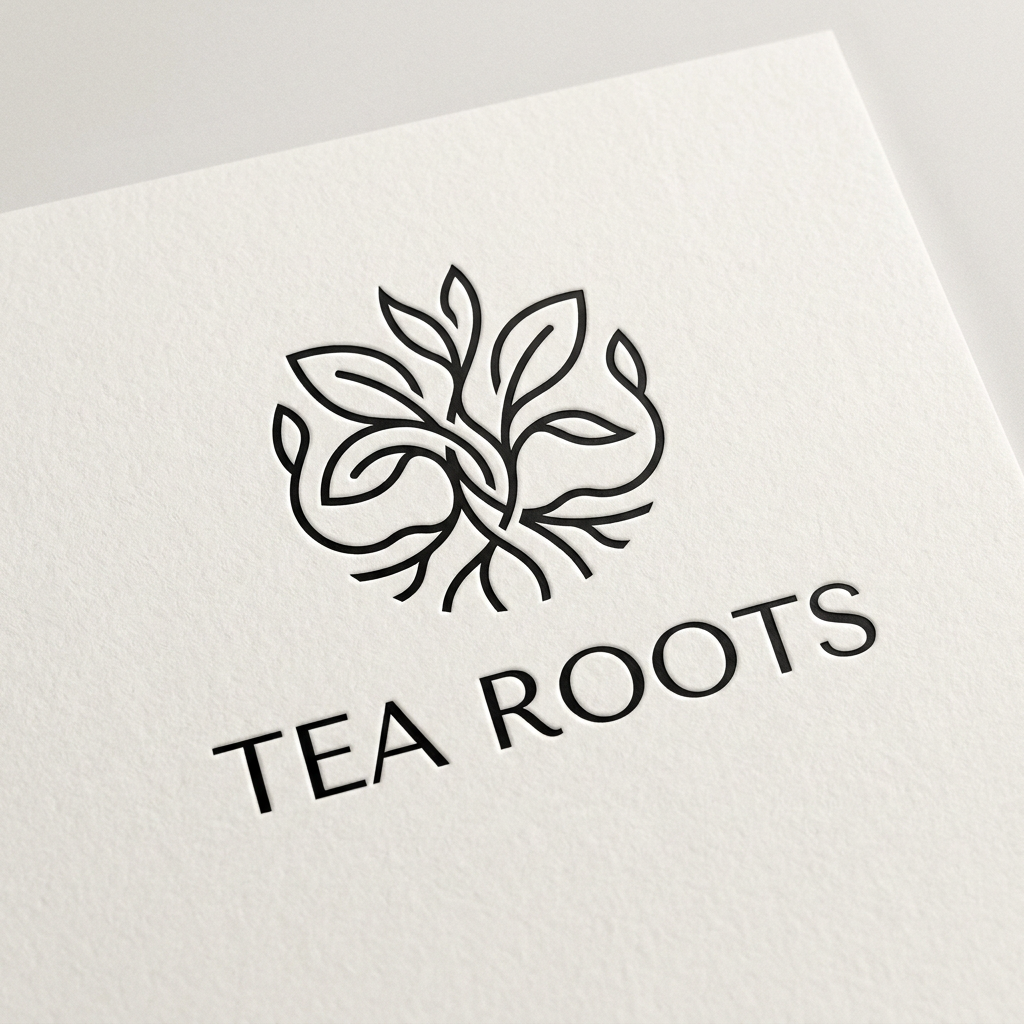 AI Design for A clean, modern, and premium minimalist logo for a cafe named 'Tea Roots'. The design features elegant, fluid line work representing intertwining tea leaves and roots, using a sophisticated color palette of black and white. The aesthetic is high-end, uncluttered, and professional, presented on a clean white background with subtle depth and texture.