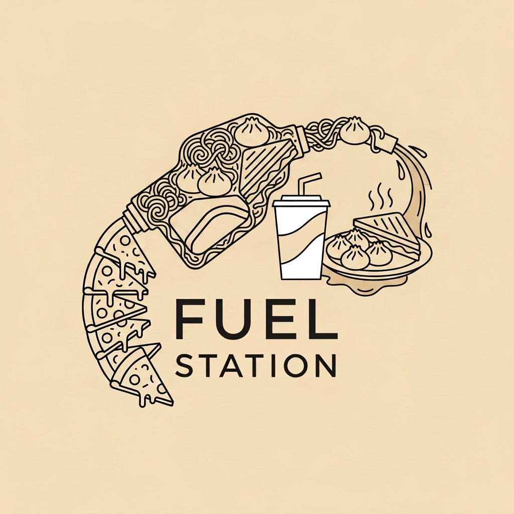 AI Design for create a minimalist clean genz logo for Canteen name FUEL STATION
i dont want loud or something clean asthetic beige black white
its a college canteen
include food elements more not a fuel station
this one is nice but can we clreate flue station outline with these food elemnets
no i want food as fuel not fuel tank
looks good ..but not only with pizza
and we dont have hot dog so exclude
drinks pizza momos sandwhich maggie