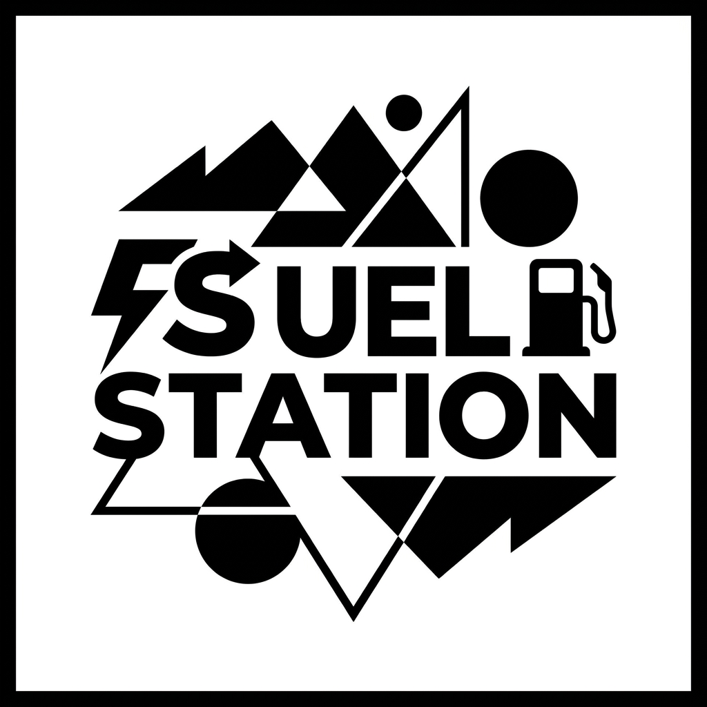AI Design for A minimalist, Gen-Z inspired logo for a campus food cafe named FUEL STATION. The design features bold, clean typography mixed with subtle abstract geometric elements, using a sharp black and white high-contrast palette. The aesthetic captures a modern, energetic college vibe with a sleek, streetwear-influenced layout perfect for digital platforms.
