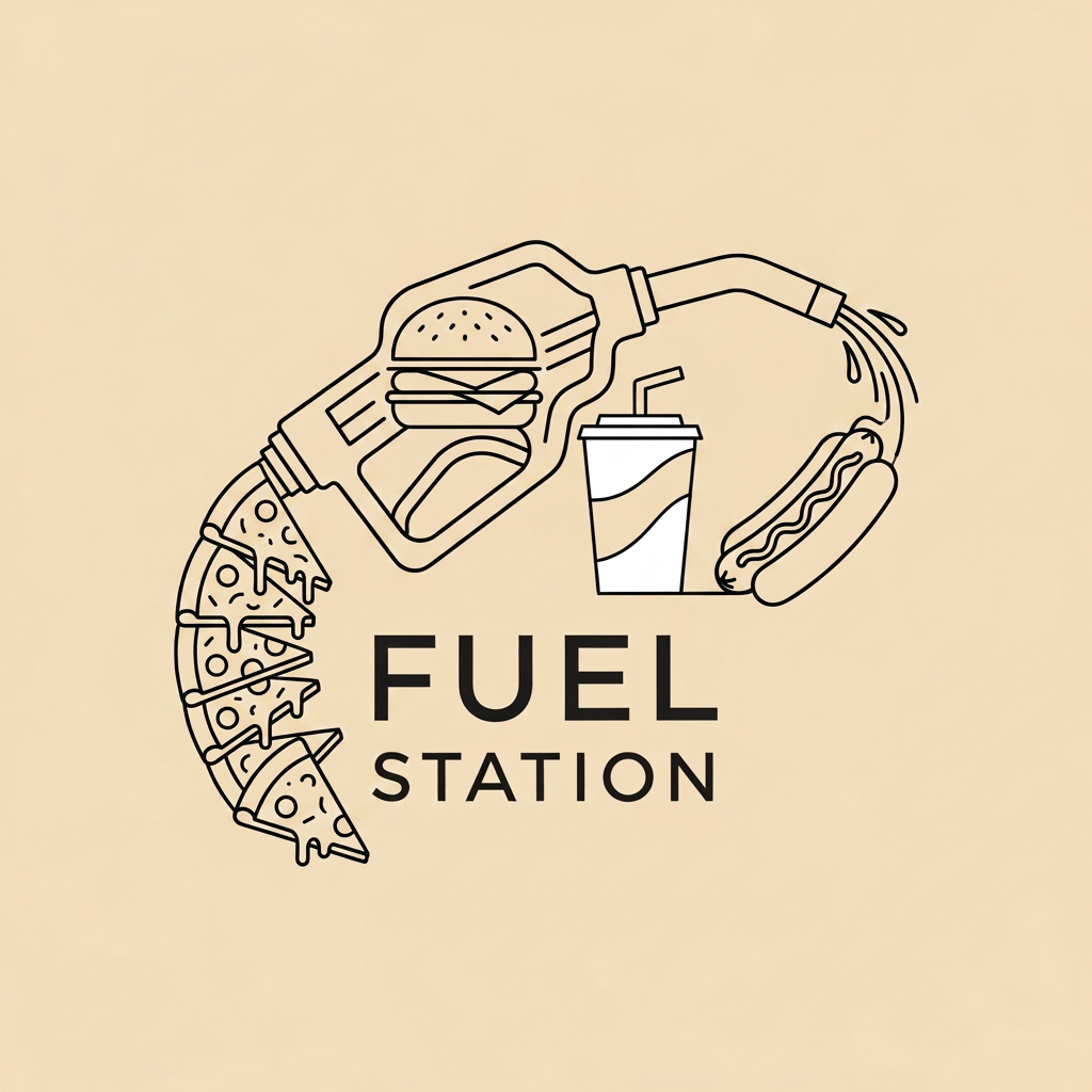 AI Design for create a minimalist clean genz logo for Canteen name FUEL STATION
i dont want loud or something clean asthetic beige black white
its a college canteen
include food elements more not a fuel station
this one is nice but can we clreate flue station outline with these food elemnets
no i want food as fuel not fuel tank