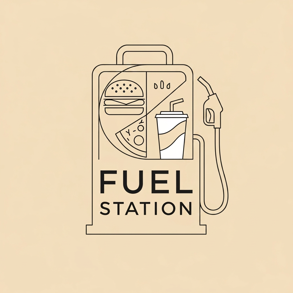 AI Design for create a minimalist clean genz logo for Canteen name FUEL STATION
i dont want loud or something clean asthetic beige black white
its a college canteen
include food elements more not a fuel station
this one is nice but can we clreate flue station outline with these food elemnets