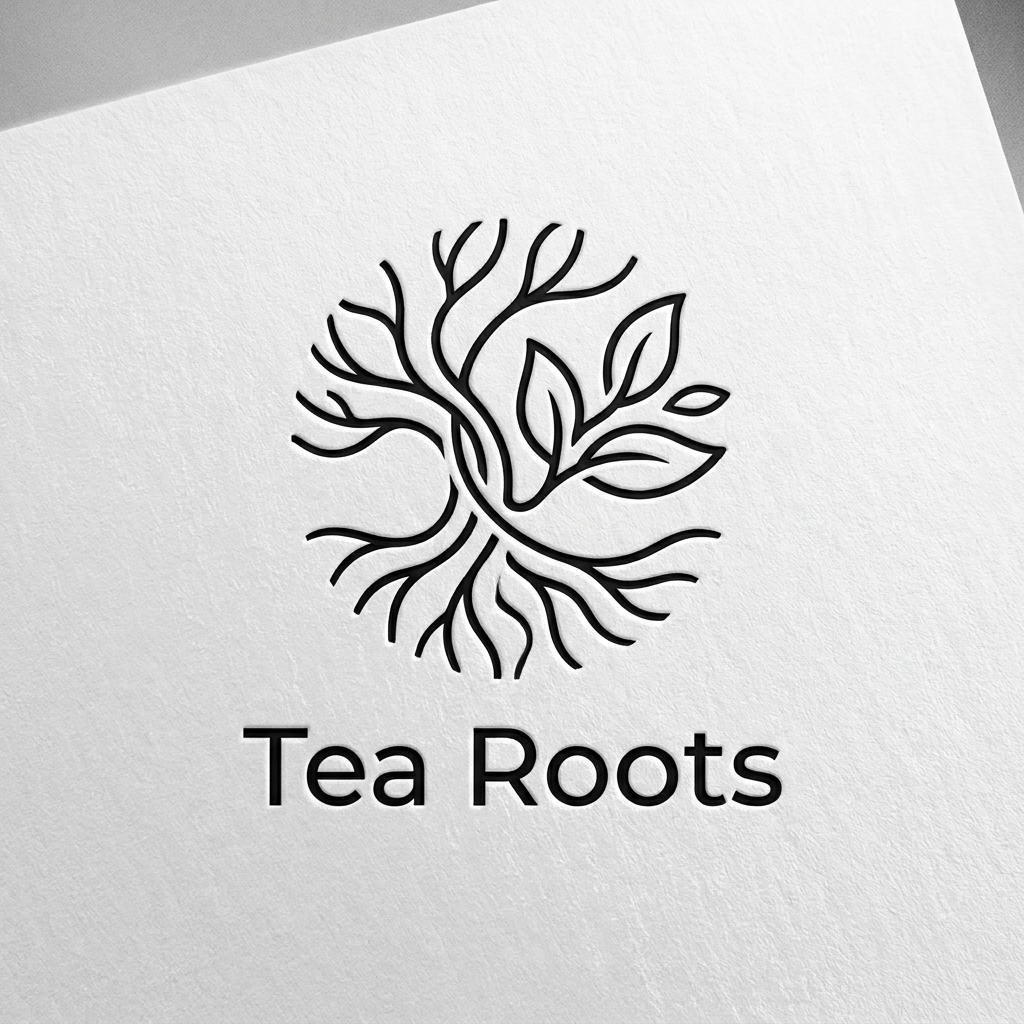 AI Design for A clean, modern, and premium minimalist logo for a cafe named 'Tea Roots'. The design features elegant, fluid line work representing intertwining tea and tree elements roots, using a sophisticated color palette of black and white. The aesthetic is high-end, uncluttered, and professional, presented on a clean white background with subtle depth and texture.