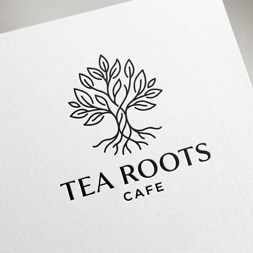 AI Design for A clean, modern, and premium minimalist logo for a cafe named 'Tea Roots'. The design features elegant, fluid line work representing intertwining tea leaves and roots, using a sophisticated color palette of black and white. The aesthetic is high-end, uncluttered, and professional, presented on a clean white background with subtle depth and texture.