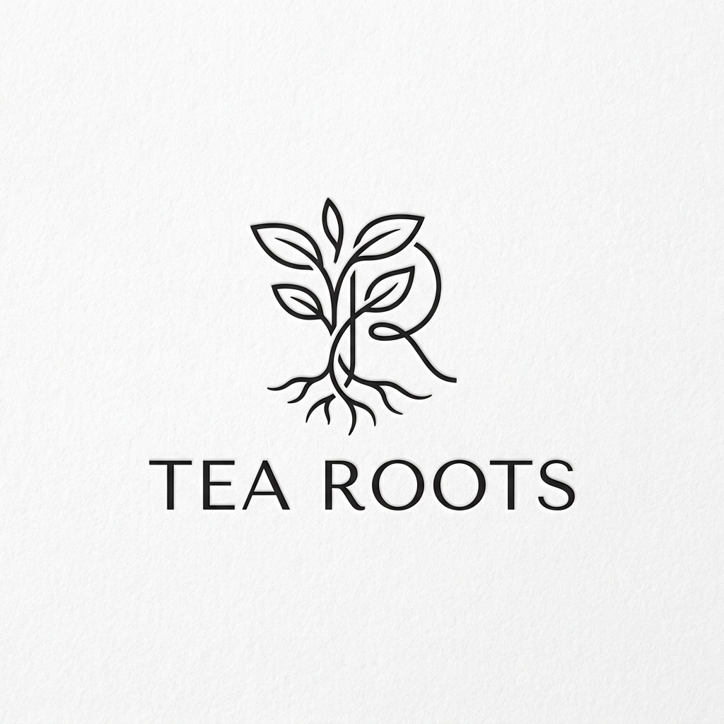 AI Design for A clean, modern, and premium minimalist logo for a cafe named 'Tea Roots'. The design features elegant, fluid line work representing intertwining tea leaves and roots, using a sophisticated color palette of black and white. The aesthetic is high-end, uncluttered, and professional, presented on a clean white background with subtle depth and texture.