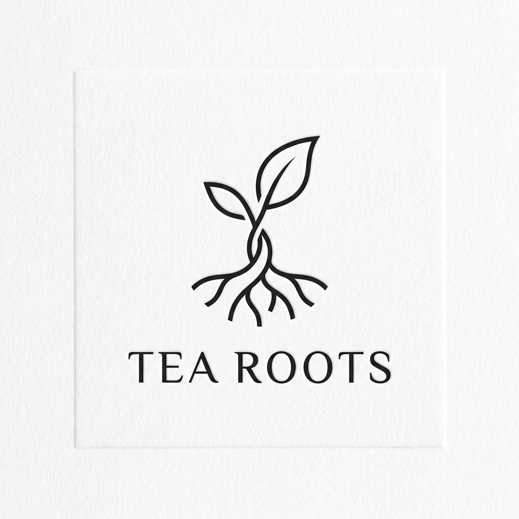 AI Design for A clean, modern, and premium minimalist logo for a cafe named 'Tea Roots'. The design features elegant, fluid line work representing intertwining tea and tree elements roots, using a sophisticated color palette of black and white. The aesthetic is high-end, uncluttered, and professional, presented on a clean white background with subtle depth and texture.