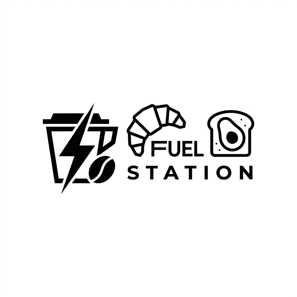 AI Design for A minimalist, premium logo design for a modern cafe named FUEL STATION. The aesthetic features clean, bold typography with a sharp, geometric icon representing energy or coffee, rendered in a sophisticated monochrome black and white color palette. High-contrast, vector style, flat design on a clean white background, capturing a trendy Gen Z minimalist vibe.
looks better but can add some food