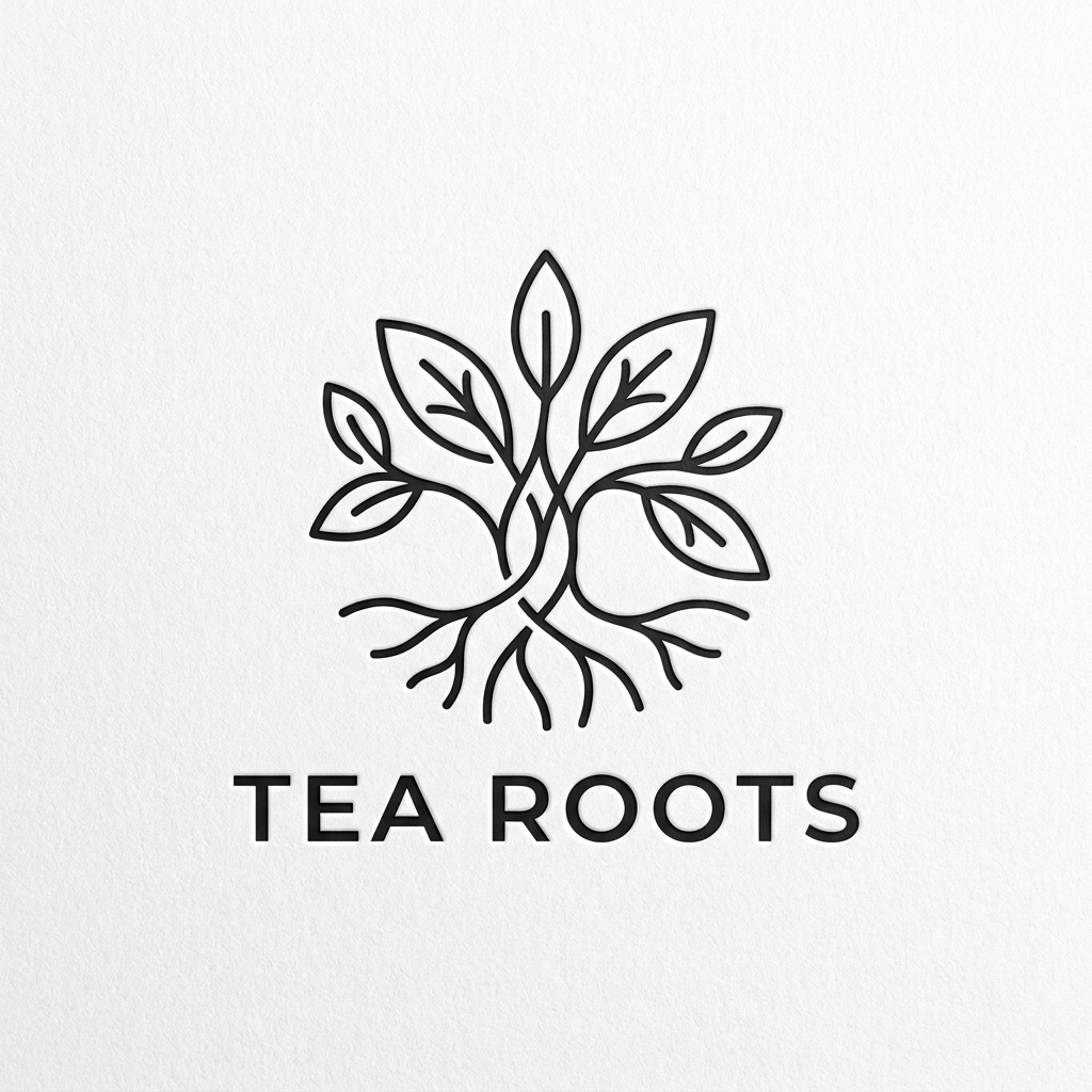 AI Design for A clean, modern, and premium minimalist logo for a cafe named 'Tea Roots'. The design features elegant, fluid line work representing intertwining tea leaves and roots, using a sophisticated color palette of black and white. The aesthetic is high-end, uncluttered, and professional, presented on a clean white background with subtle depth and texture.