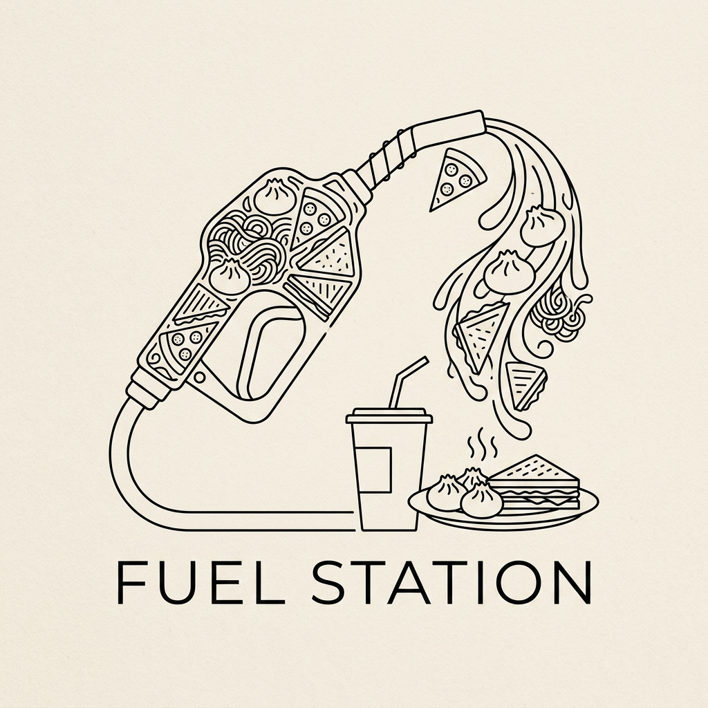 AI Design for create a minimalist clean genz logo for Canteen name FUEL STATION
i dont want loud or something clean asthetic beige black white
its a college canteen
include food elements more not a fuel station
this one is nice but can we clreate flue station outline with these food elemnets
no i want food as fuel not fuel tank
looks good ..but not only with pizza
and we dont have hot dog so exclude
drinks pizza momos sandwhich maggie
could you make fuel pipe clean and asthetic ...i am not liking this at all the food coming out of it is amazing