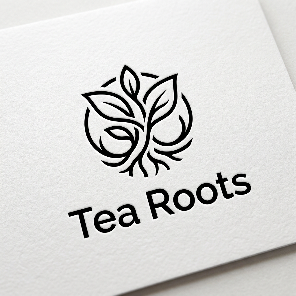 AI Design for A clean, modern, and premium minimalist logo for a cafe named 'Tea Roots'. The design features elegant, fluid line work representing intertwining tea leaves and roots, using a sophisticated color palette of black and white. The aesthetic is high-end, uncluttered, and professional, presented on a clean white background with subtle depth and texture.