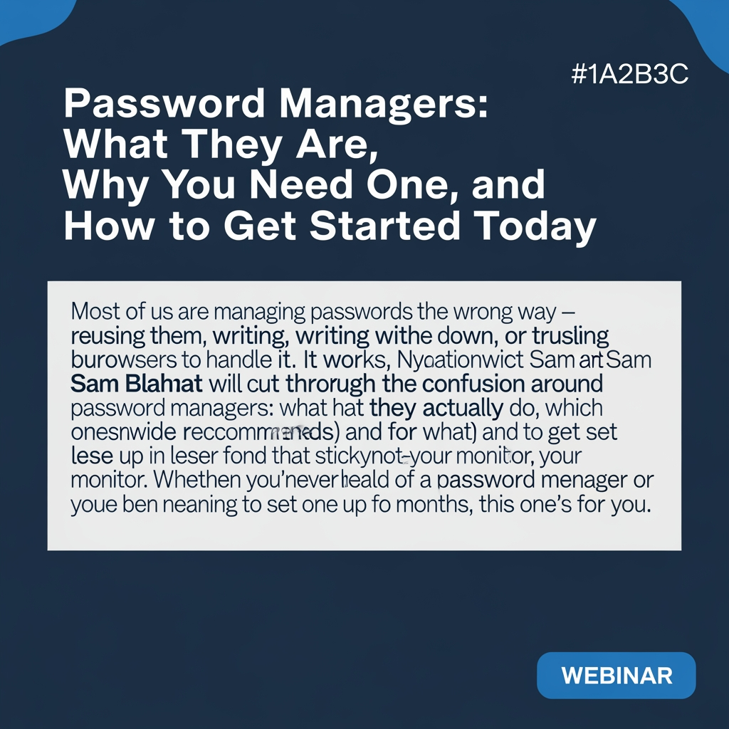 AI Design for A title slide for a webinar with this title "Password Managers: What They Are, Why You Need One, and How to Get Started Today" and this description "Most of us are managing passwords the wrong way — reusing them, writing them down, or trusting our browsers to handle it. It works, until it doesn't. In this session, Nationwide cybersecurity experts Lee March and Sam Blaha will cut through the confusion around password managers: what they actually do, which ones Nationwide recommends (and for what), and how to get set up in less time than it takes to find that sticky note on your monitor. Whether you've never heard of a password manager or you've been meaning to set one up for months, this one's for you. "