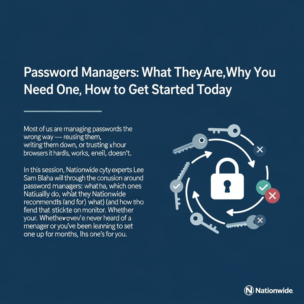 AI Design for A title slide for a webinar with this title "Password Managers: What They Are, Why You Need One, and How to Get Started Today" and this description "Most of us are managing passwords the wrong way — reusing them, writing them down, or trusting our browsers to handle it. It works, until it doesn't. In this session, Nationwide cybersecurity experts Lee March and Sam Blaha will cut through the confusion around password managers: what they actually do, which ones Nationwide recommends (and for what), and how to get set up in less time than it takes to find that sticky note on your monitor. Whether you've never heard of a password manager or you've been meaning to set one up for months, this one's for you. "
