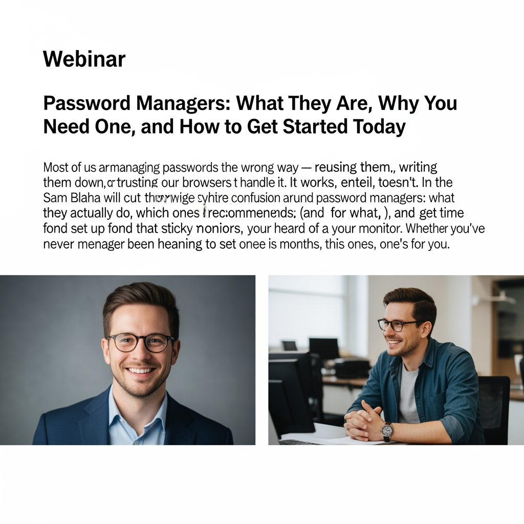 AI Design for A title slide for a webinar with this title "Password Managers: What They Are, Why You Need One, and How to Get Started Today" and this description "Most of us are managing passwords the wrong way — reusing them, writing them down, or trusting our browsers to handle it. It works, until it doesn't. In this session, Nationwide cybersecurity experts Lee March and Sam Blaha will cut through the confusion around password managers: what they actually do, which ones Nationwide recommends (and for what), and how to get set up in less time than it takes to find that sticky note on your monitor. Whether you've never heard of a password manager or you've been meaning to set one up for months, this one's for you. "