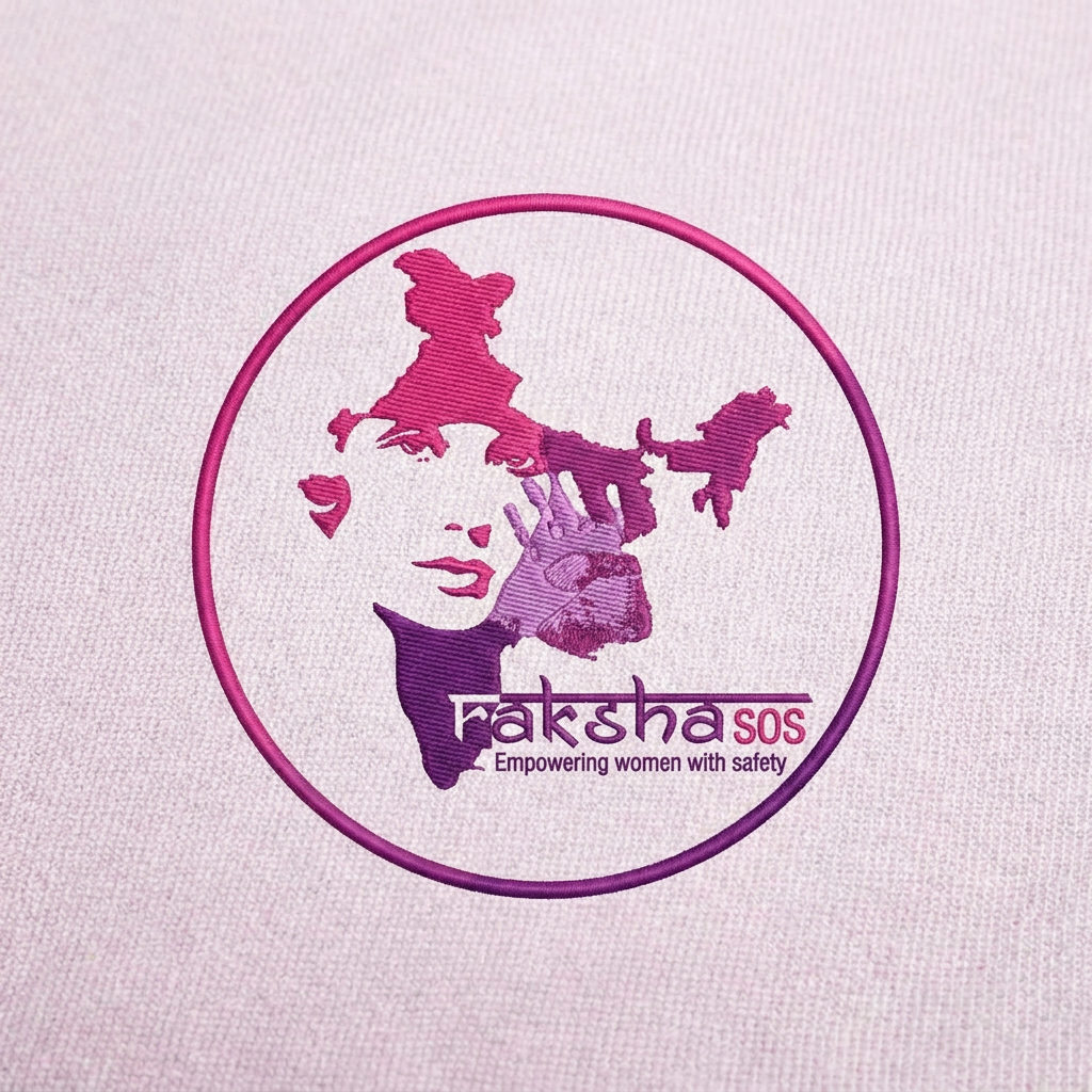 AI Design for raksha sos logo for this logo is small and give me a real image not AI give me a only logo not phone not al image give ma a woman face  remove orange color my theam is pinkies and pulple type so you can give me a logo of this logo should give me a circle make it full india map but  in circle form