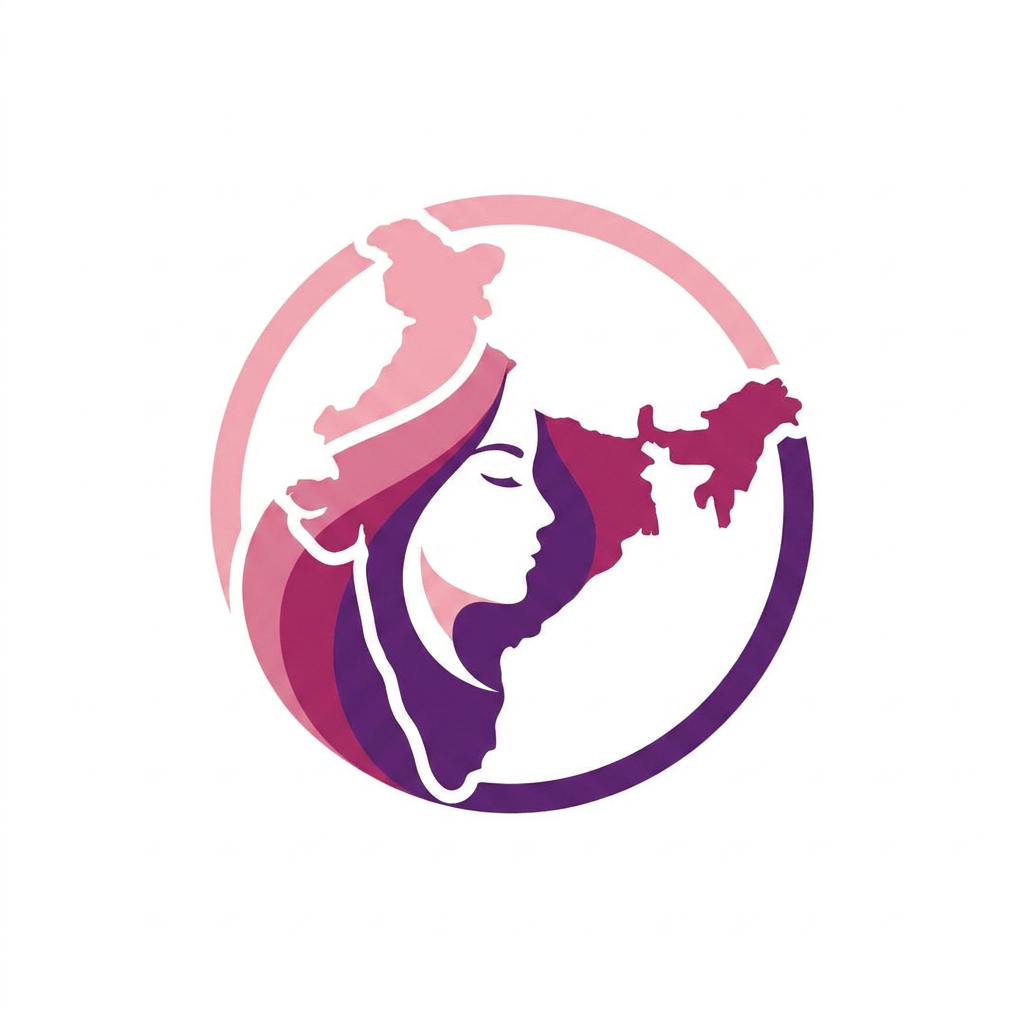 AI Design for A professional, minimalist logo design featuring a stylized female silhouette seamlessly integrated into the shape of an Indian map. The design is enclosed within a perfect circle, utilizing a sophisticated color palette of soft pinks, deep magentas, and royal purples. The aesthetic is clean, modern, and vector-inspired with smooth lines and flat textures, suitable for a brand identity, isolated against a solid white background.