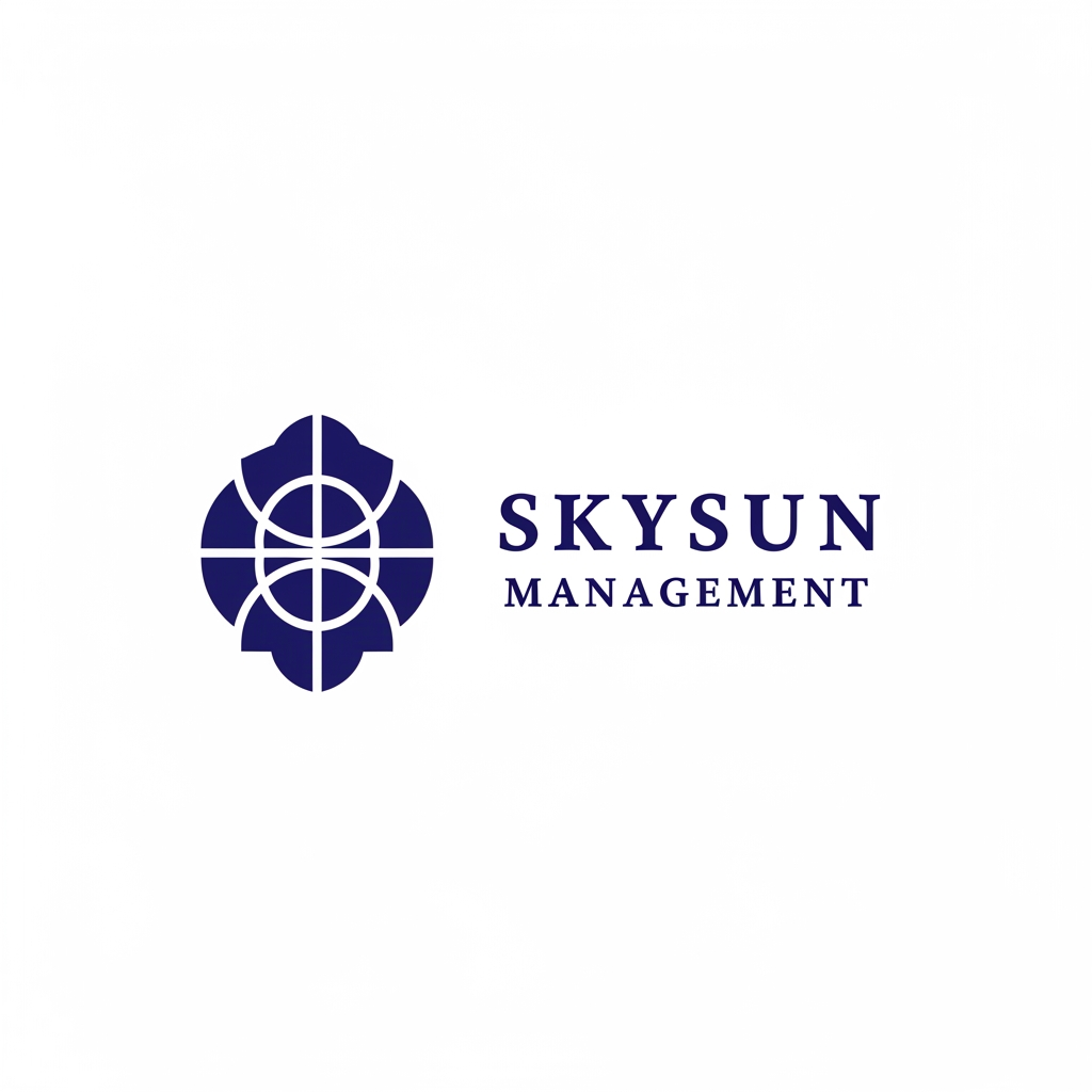 AI Design for Design a timeless minimalist logo for SKYSUN MANAGEMENT, a premium management consulting firm specializing in strategic management, industrial operations, and digital transformation. The logo should communicate leadership, strategic thinking, operational excellence, business transformation, trust, and sustainable growth through abstract geometric forms, not literal imagery. Avoid suns, gears, globes, charts, buildings, light bulbs, arrows, AI circuits, or startup-style icons. Use clean geometry, balanced proportions, subtle negative space, and a sophisticated corporate aesthetic inspired by Pentagram, Chermayeff & Geismar & Haviv, IBM, Chase Bank, and BCG. Flat vector style, single-color navy blue on a white background, highly scalable, memorable, and timeless.