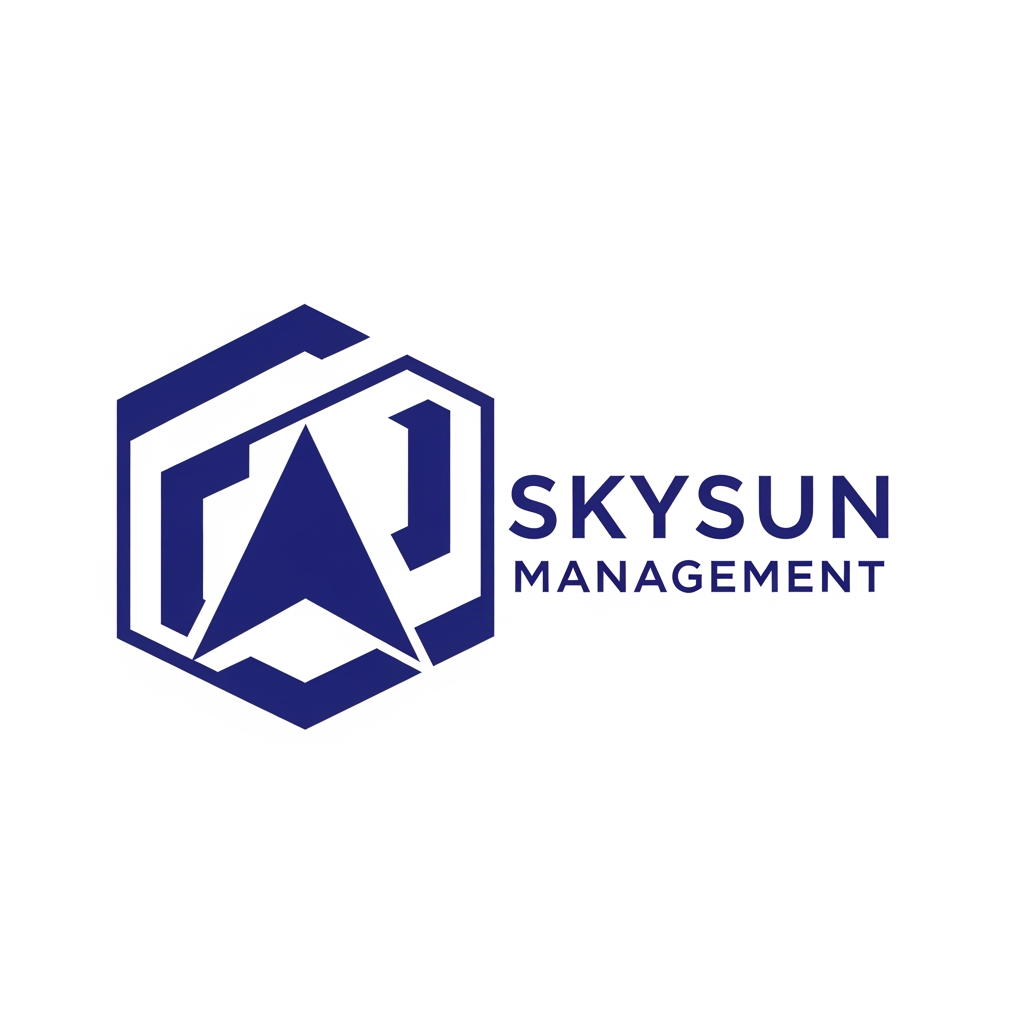 AI Design for Design a timeless minimalist logo for SKYSUN MANAGEMENT, a premium management consulting firm specializing in strategic management, industrial operations, and digital transformation. The logo should communicate leadership, strategic thinking, operational excellence, business transformation, trust, and sustainable growth through abstract geometric forms, not literal imagery. Avoid suns, gears, globes, charts, buildings, light bulbs, arrows, AI circuits, or startup-style icons. Use clean geometry, balanced proportions, subtle negative space, and a sophisticated corporate aesthetic inspired by Pentagram, Chermayeff & Geismar & Haviv, IBM, Chase Bank, and BCG. Flat vector style, single-color navy blue on a white background, highly scalable, memorable, and timeless.