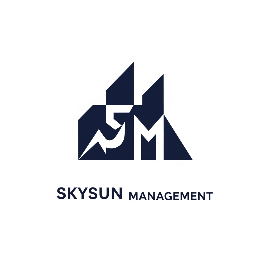 AI Design for Design a timeless minimalist logo for SKYSUN MANAGEMENT, a premium management consulting firm specializing in strategic management, industrial operations, and digital transformation. The logo should communicate leadership, strategic thinking, operational excellence, business transformation, trust, and sustainable growth through abstract geometric forms, not literal imagery. Avoid suns, gears, globes, charts, buildings, light bulbs, arrows, AI circuits, or startup-style icons. Use clean geometry, balanced proportions, subtle negative space, and a sophisticated corporate aesthetic inspired by Pentagram, Chermayeff & Geismar & Haviv, IBM, Chase Bank, and BCG. Flat vector style, single-color navy blue on a white background, highly scalable, memorable, and timeless.