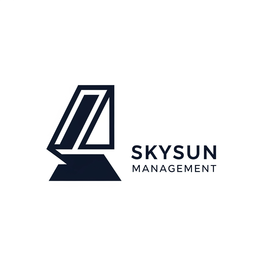 AI Design for Design a timeless minimalist logo for SKYSUN MANAGEMENT, a premium management consulting firm specializing in strategic management, industrial operations, and digital transformation. The logo should communicate leadership, strategic thinking, operational excellence, business transformation, trust, and sustainable growth through abstract geometric forms, not literal imagery. Avoid suns, gears, globes, charts, buildings, light bulbs, arrows, AI circuits, or startup-style icons. Use clean geometry, balanced proportions, subtle negative space, and a sophisticated corporate aesthetic inspired by Pentagram, Chermayeff & Geismar & Haviv, IBM, Chase Bank, and BCG. Flat vector style, single-color navy blue on a white background, highly scalable, memorable, and timeless.