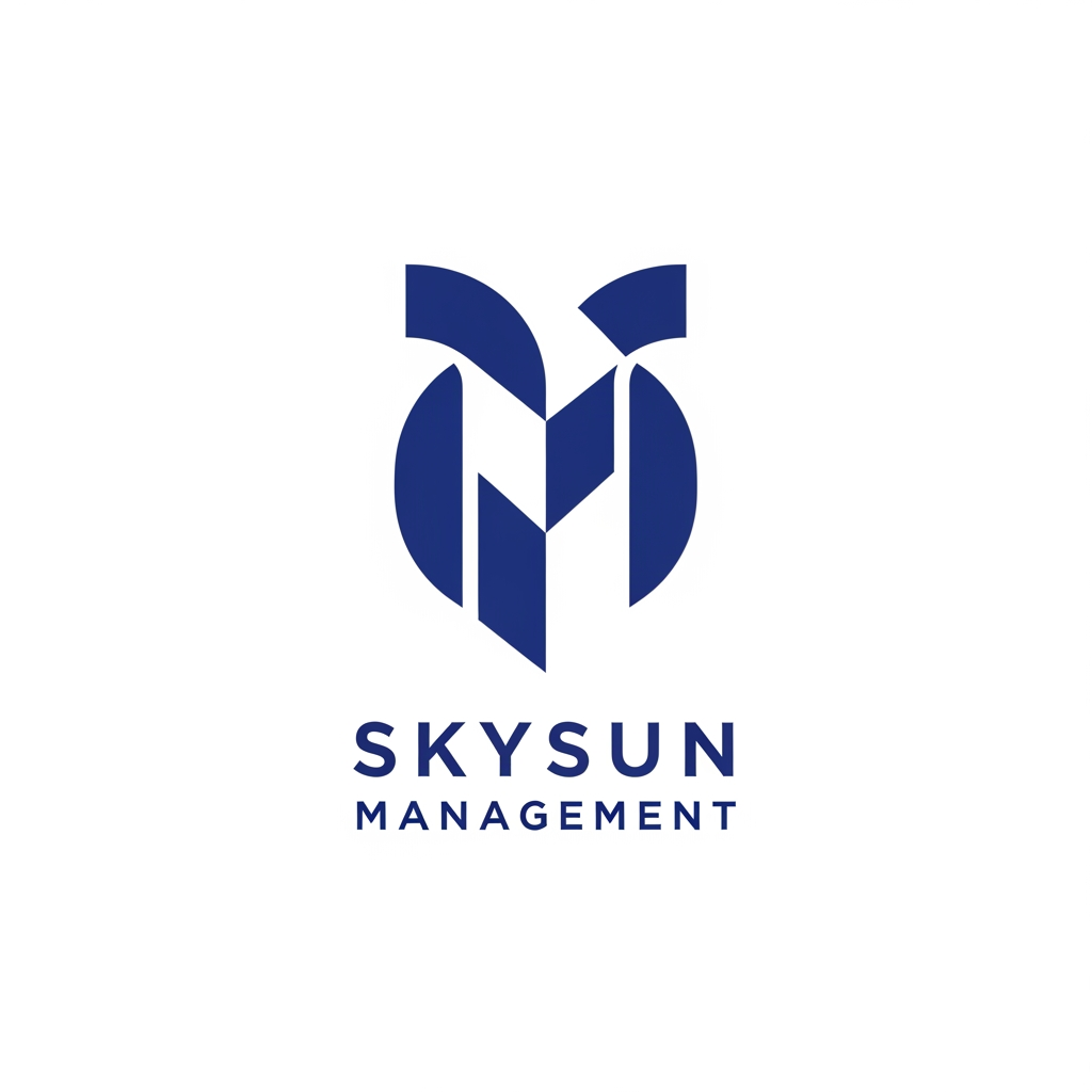 AI Design for Design a timeless minimalist logo for SKYSUN MANAGEMENT, a premium management consulting firm specializing in strategic management, industrial operations, and digital transformation. The logo should communicate leadership, strategic thinking, operational excellence, business transformation, trust, and sustainable growth through abstract geometric forms, not literal imagery. Avoid suns, gears, globes, charts, buildings, light bulbs, arrows, AI circuits, or startup-style icons. Use clean geometry, balanced proportions, subtle negative space, and a sophisticated corporate aesthetic inspired by Pentagram, Chermayeff & Geismar & Haviv, IBM, Chase Bank, and BCG. Flat vector style, single-color navy blue on a white background, highly scalable, memorable, and timeless.