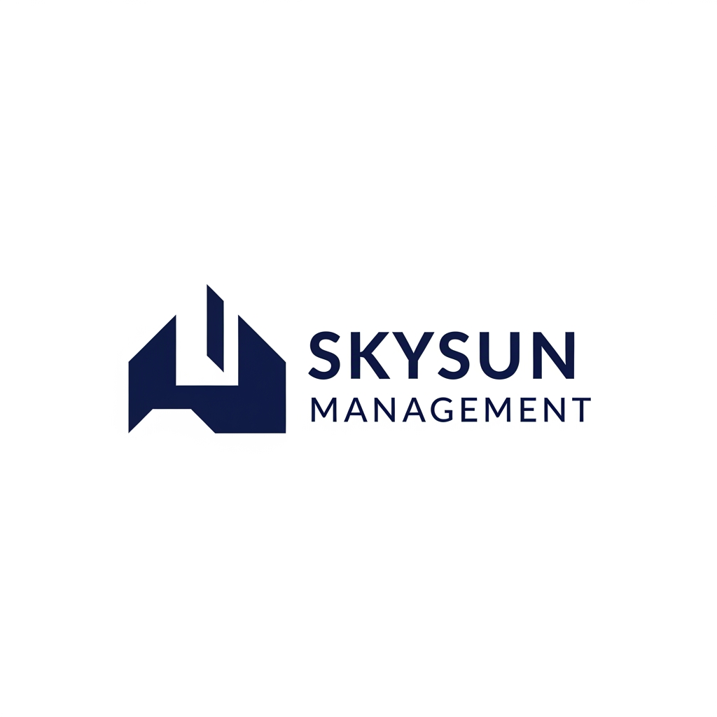 AI Design for Design a timeless minimalist logo for SKYSUN MANAGEMENT, a premium management consulting firm specializing in strategic management, industrial operations, and digital transformation. The logo should communicate leadership, strategic thinking, operational excellence, business transformation, trust, and sustainable growth through abstract geometric forms, not literal imagery. Avoid suns, gears, globes, charts, buildings, light bulbs, arrows, AI circuits, or startup-style icons. Use clean geometry, balanced proportions, subtle negative space, and a sophisticated corporate aesthetic inspired by Pentagram, Chermayeff & Geismar & Haviv, IBM, Chase Bank, and BCG. Flat vector style, single-color navy blue on a white background, highly scalable, memorable, and timeless.