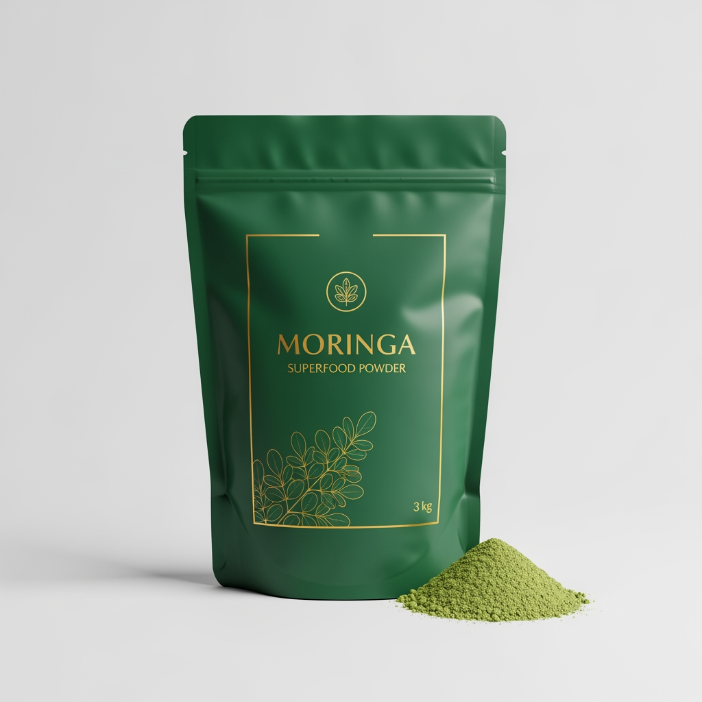 AI Design for I sell health supplement moringa to my customers, and I am looking for premium packaging to sell moringa. It should look similar to Athletic Greens 3 kg one, and it should look really premium. I will sell moringa powder in pouches. I want you to come up with some product pictures that I can add to my Shopify store product page to sell the products. They should look like high-quality product pictures from different angles and different use cases of the moringa powder.