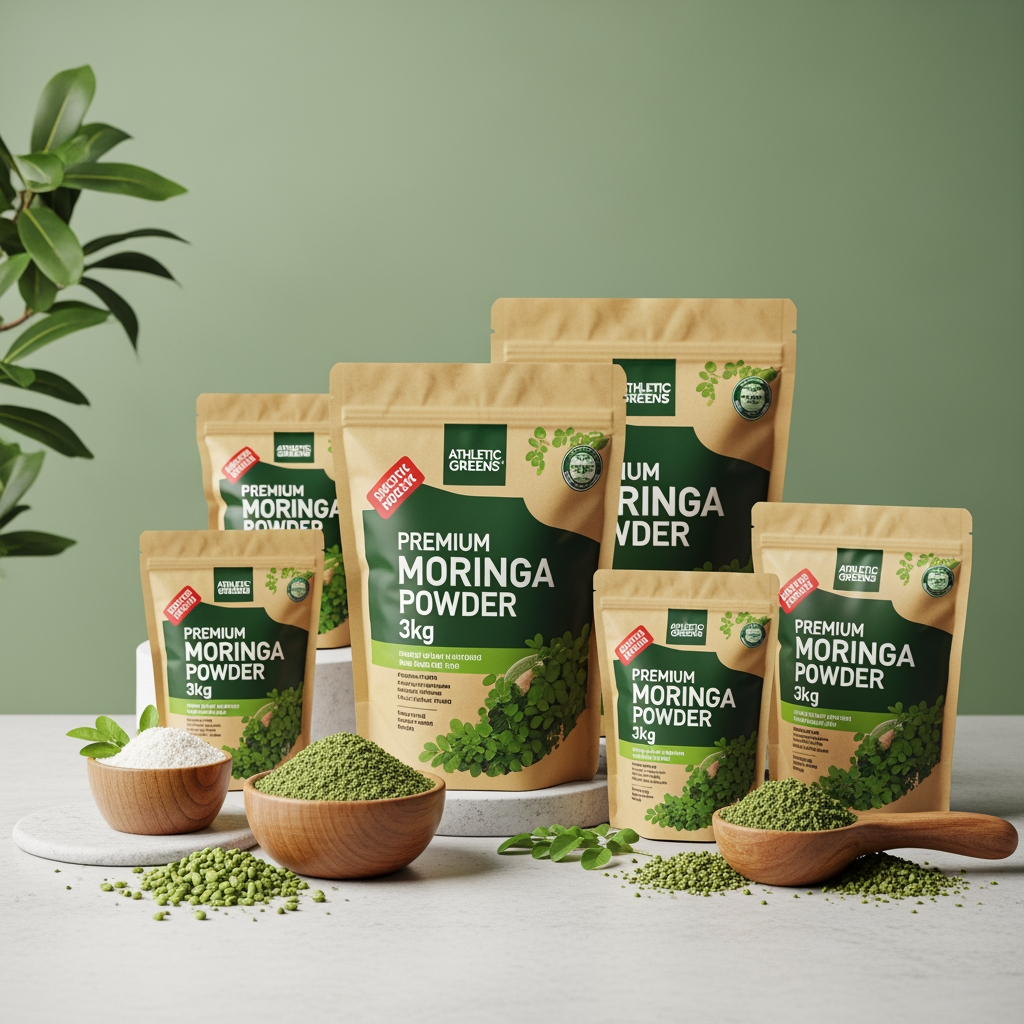 AI Design for I sell health supplement moringa to my customers, and I am looking for premium packaging to sell moringa. It should look similar to Athletic Greens 3 kg one, and it should look really premium. I will sell moringa powder in pouches. I want you to come up with some product pictures that I can add to my Shopify store product page to sell the products. They should look like high-quality product pictures from different angles and different use cases of the moringa powder.