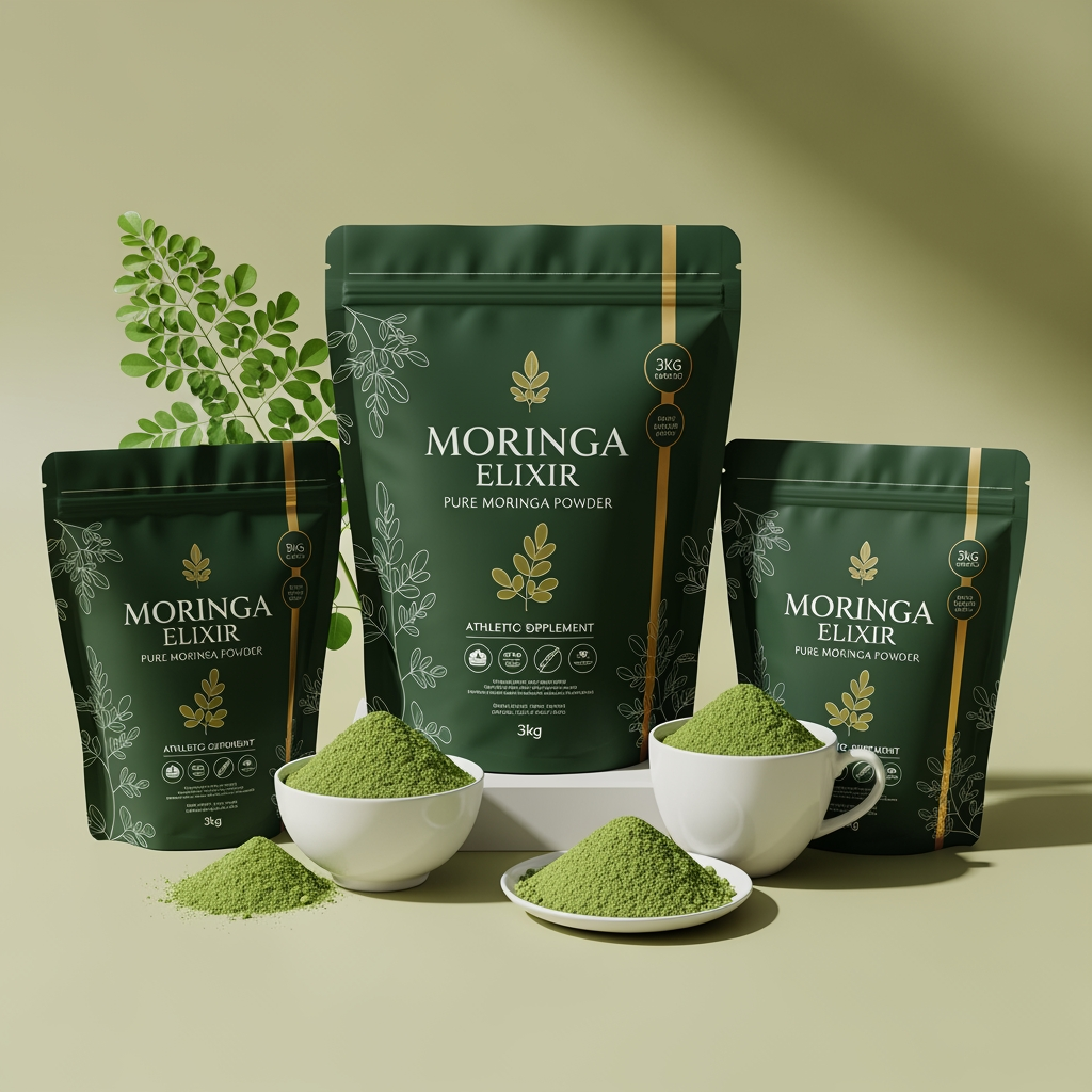 AI Design for I sell health supplement moringa to my customers, and I am looking for premium packaging to sell moringa. It should look similar to Athletic Greens 3 kg one, and it should look really premium. I will sell moringa powder in pouches. I want you to come up with some product pictures that I can add to my Shopify store product page to sell the products. They should look like high-quality product pictures from different angles and different use cases of the moringa powder.